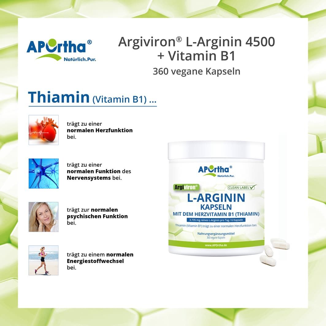 Produkt mit Dose und Kapseln. Dose mit Aufschrift: L-Arginin Kapseln + Vitamin B1. Text: Thiamin (Vitamin B1) trägt zu... bei.