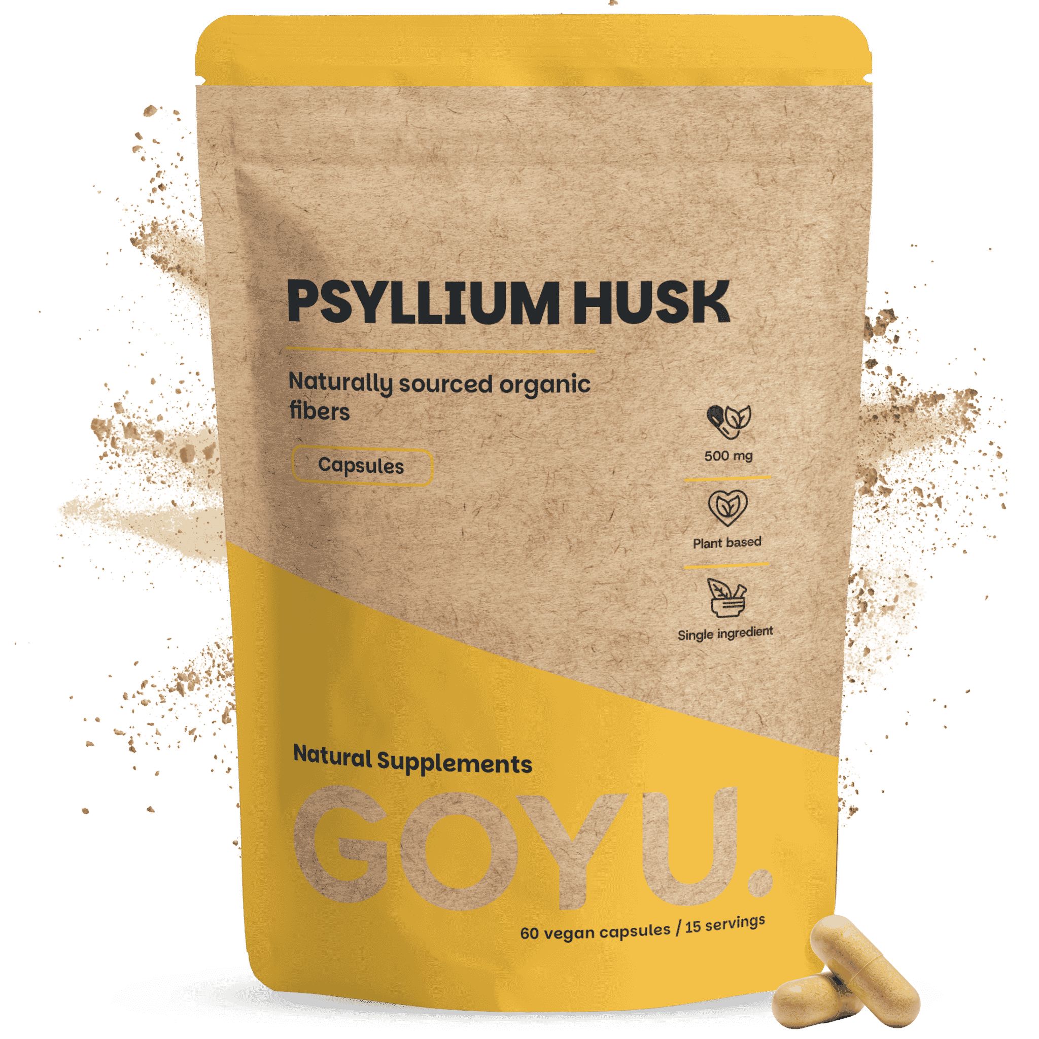 Braune Standbodenbeutel mit Psyllium Husk Kapseln, 60 Stück. Bio-Siegel sichtbar.