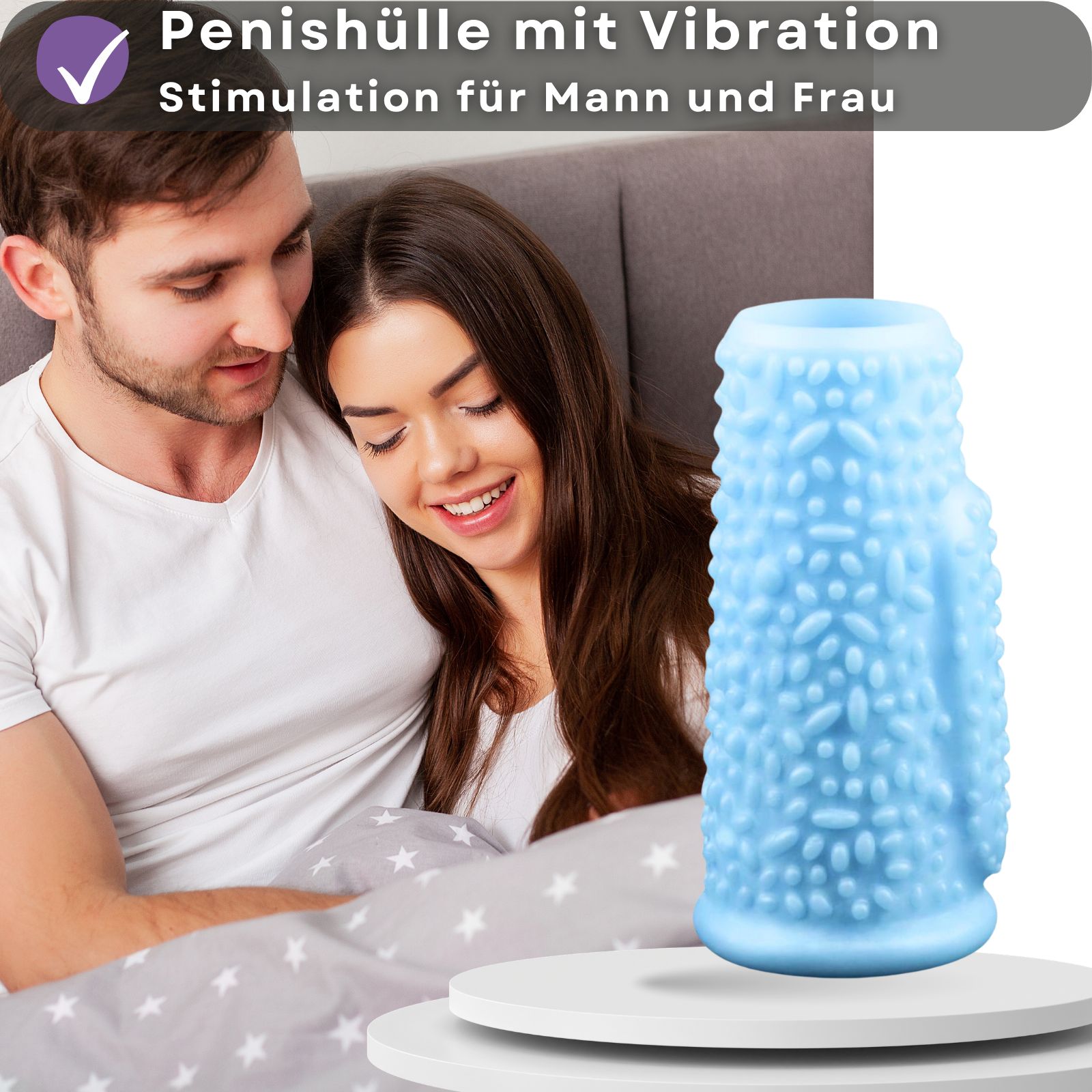 Blaue Penishülle mit Noppen. Text: Penishülle mit Vibration, Stimulation für Mann und Frau.