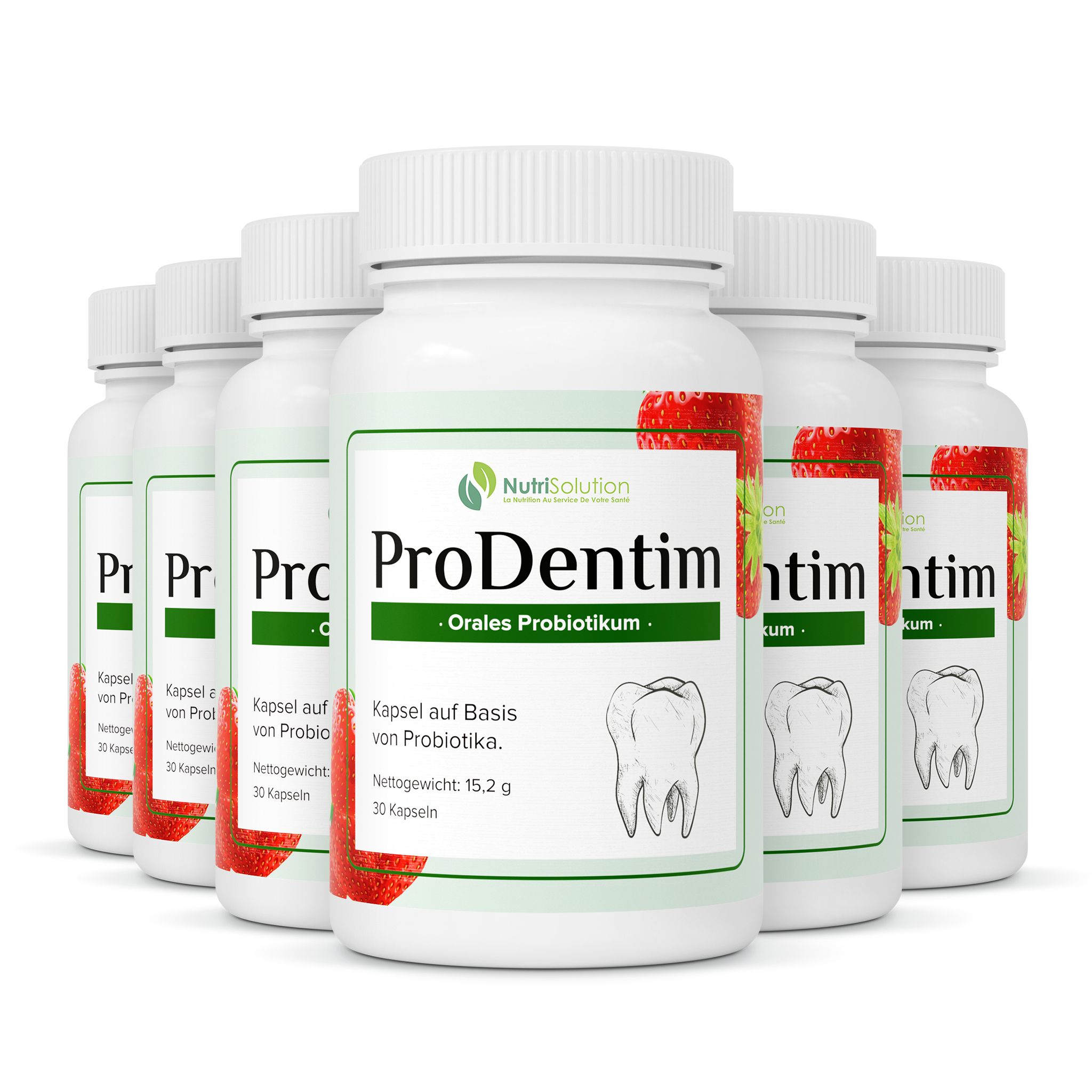 Sechs Flaschen NutriSolution Prodentim Probiotika, weiße Behälter mit roten Erdbeer-Akzenten und Zahn-Illustration.