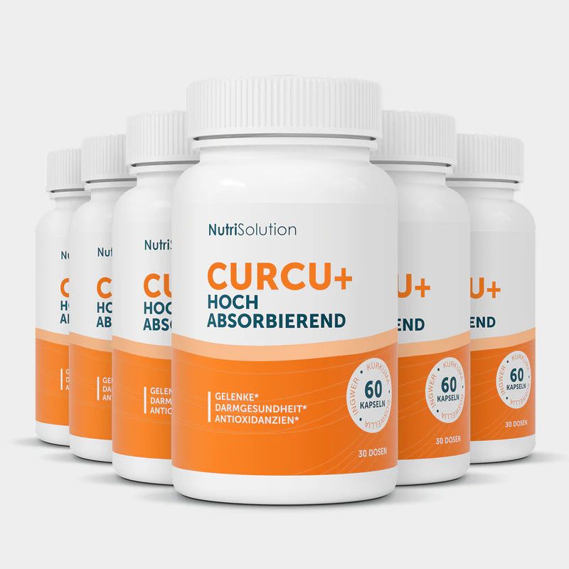 Mehrere Flaschen NutriSolution Curcu+ mit orangefarbenen Etiketten. Aufschrift: CURCU+ HOCH ABSORBIEREND. 60 Kapseln.