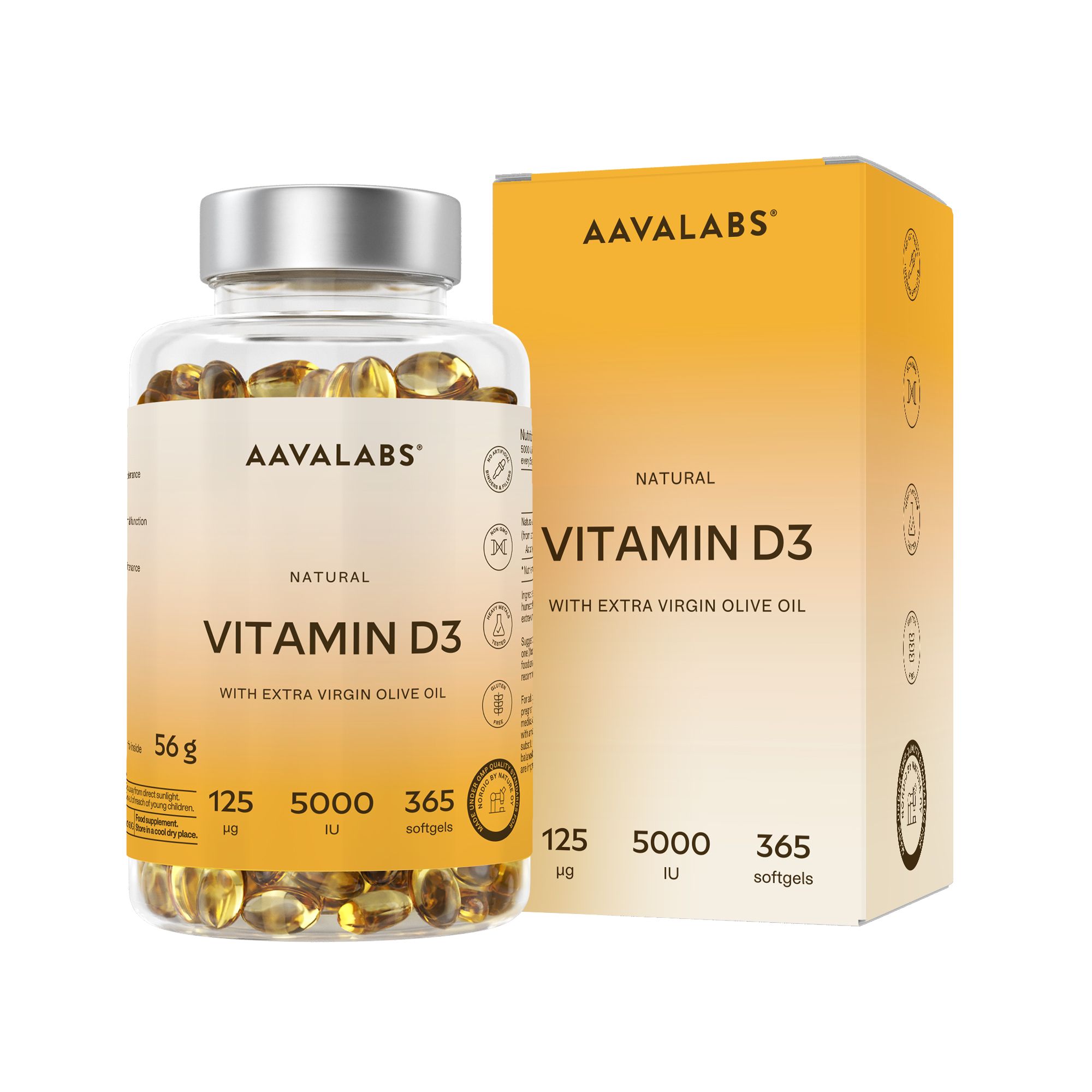 Flasche und Schachtel mit Vitamin D3-Kapseln. Aufschrift: AAVALABS, Vitamin D3, 5000 IE, 365 Softgels.