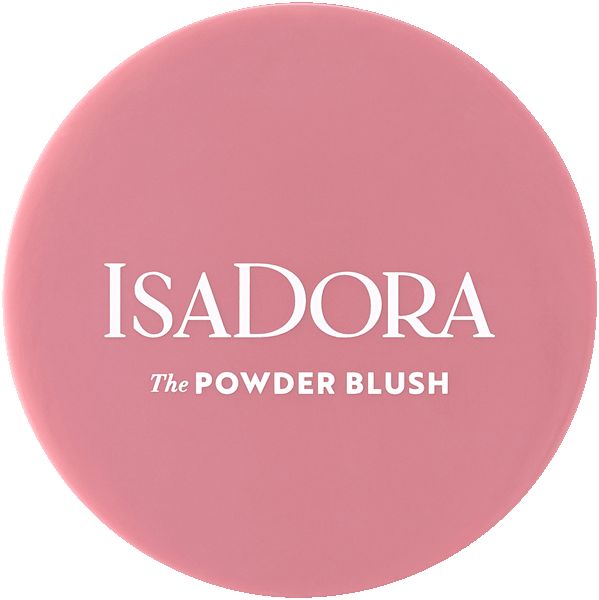 Runder, rosafarbener IsaDora Powder Blush. Weißer Schriftzug: IsaDora, The Powder Blush.