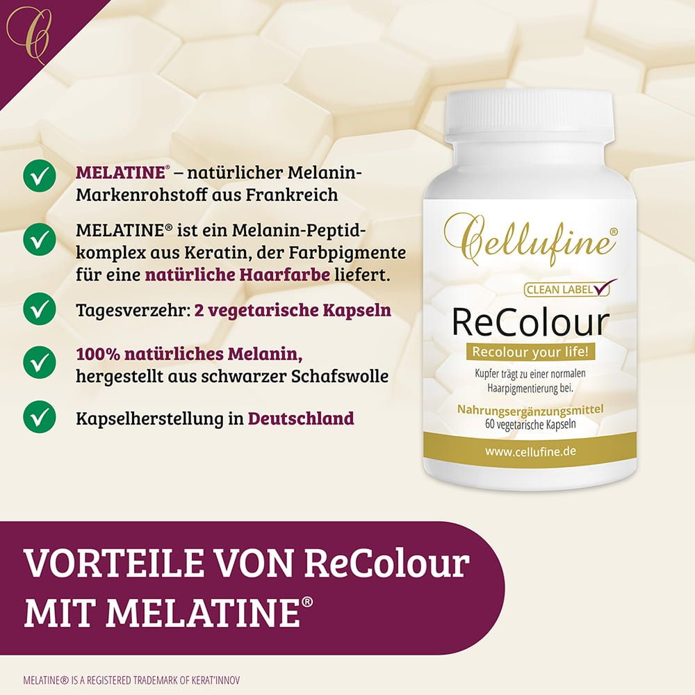 Weiße Flasche mit Cellufine ReColour Kapseln. Text: 60 vegetarische Kapseln. Vorteile von ReColour mit Melatine.