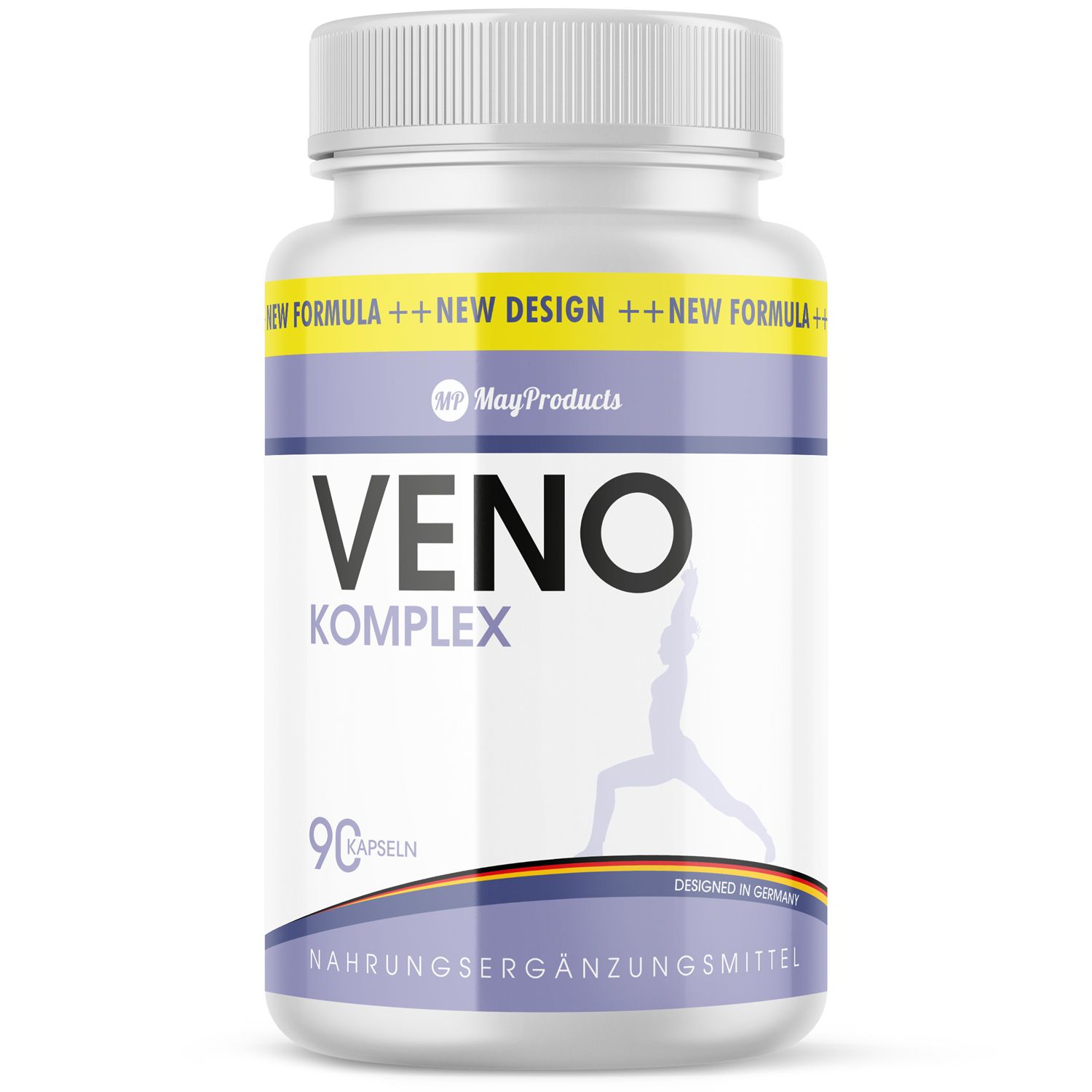 Weiße Pillendose mit blauem Etikett. Aufschrift: VENO KOMPLEX, 90 Kapseln. Logo: Frau in Yoga-Pose. Schriftzug: Nahrungsergänzungsmittel.