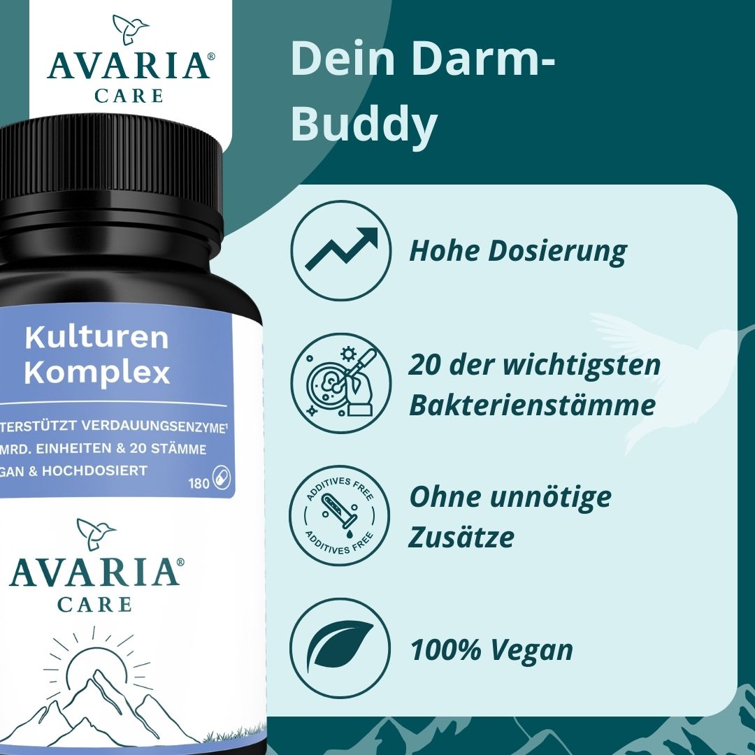 AVARIA CARE® Kulturen Komplex – 20 Bakterienstämme – hochdosiert – mit Calcium & Inulin – vegan