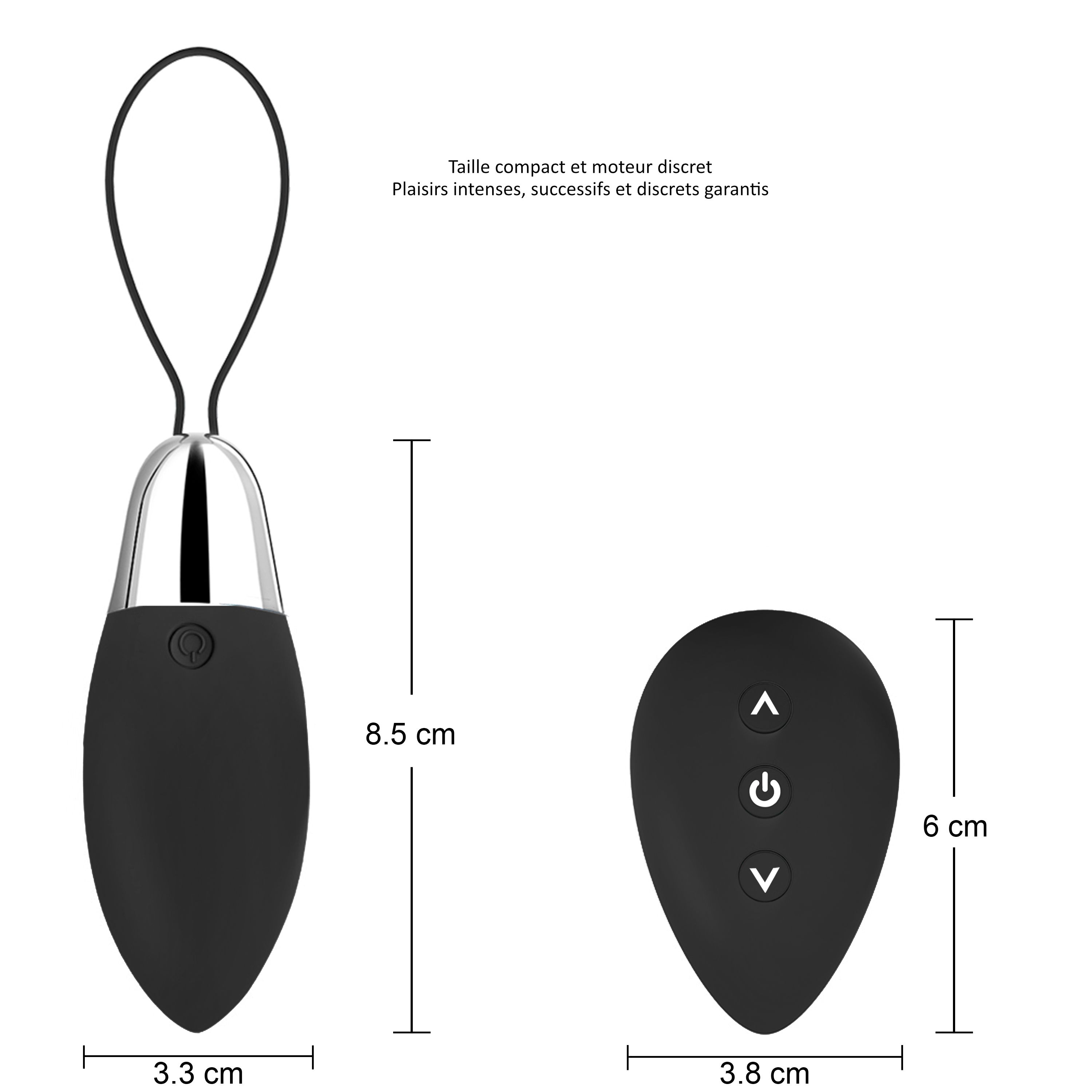 Schwarzes, ovales Produkt mit silbernem Kopf, Schlaufe und separater Fernbedienung. Maße: 8,5 cm, 3,3 cm, 6 cm, 3,8 cm. Text.
