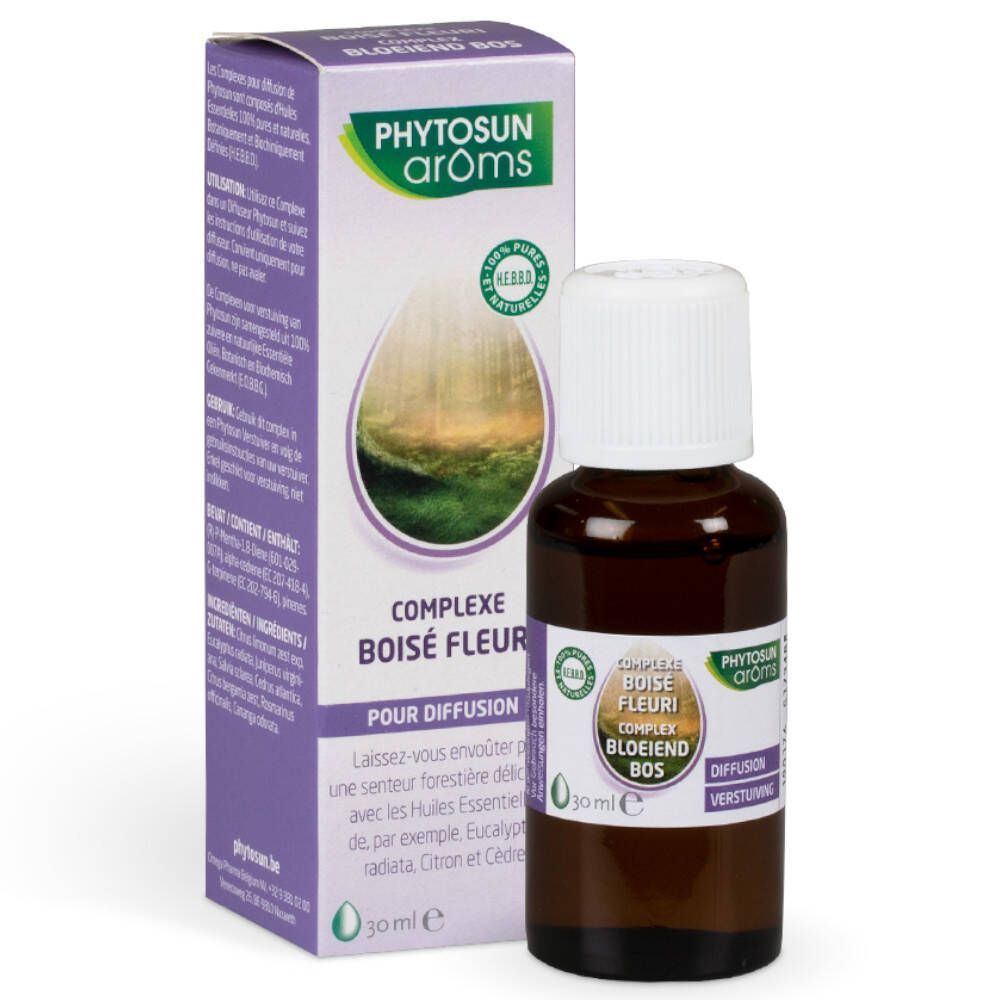 Phytosun arôms Complex Bois Fleuri. Flacon et boîte. Flacon brun, bouchon blanc. Texte: 30 ml, 100% huiles essentielles pures.