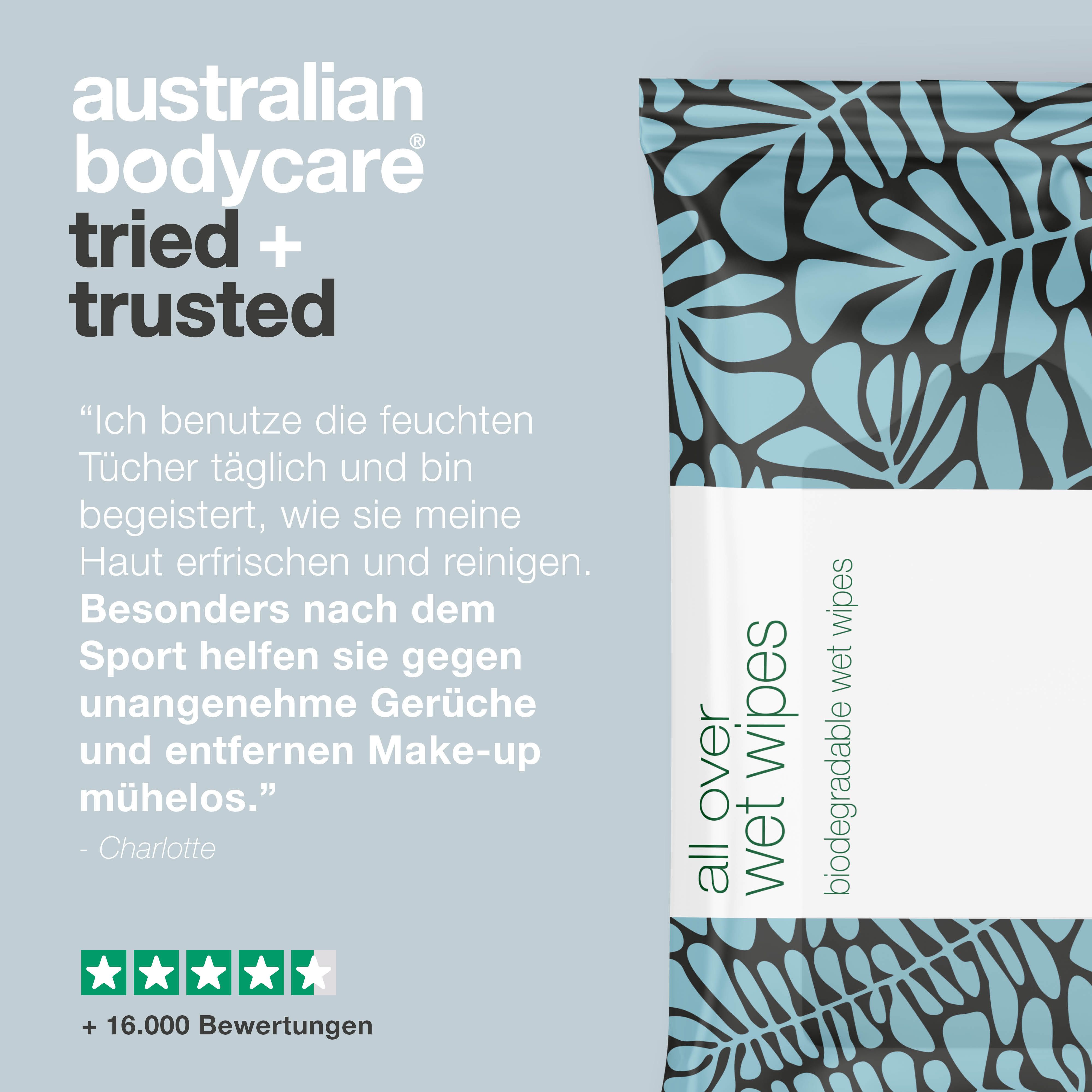 Packung Feuchttücher mit Teebaumöl. Text: all over wet wipes. Text: Australian Bodycare. Text: Tried + Trusted.
