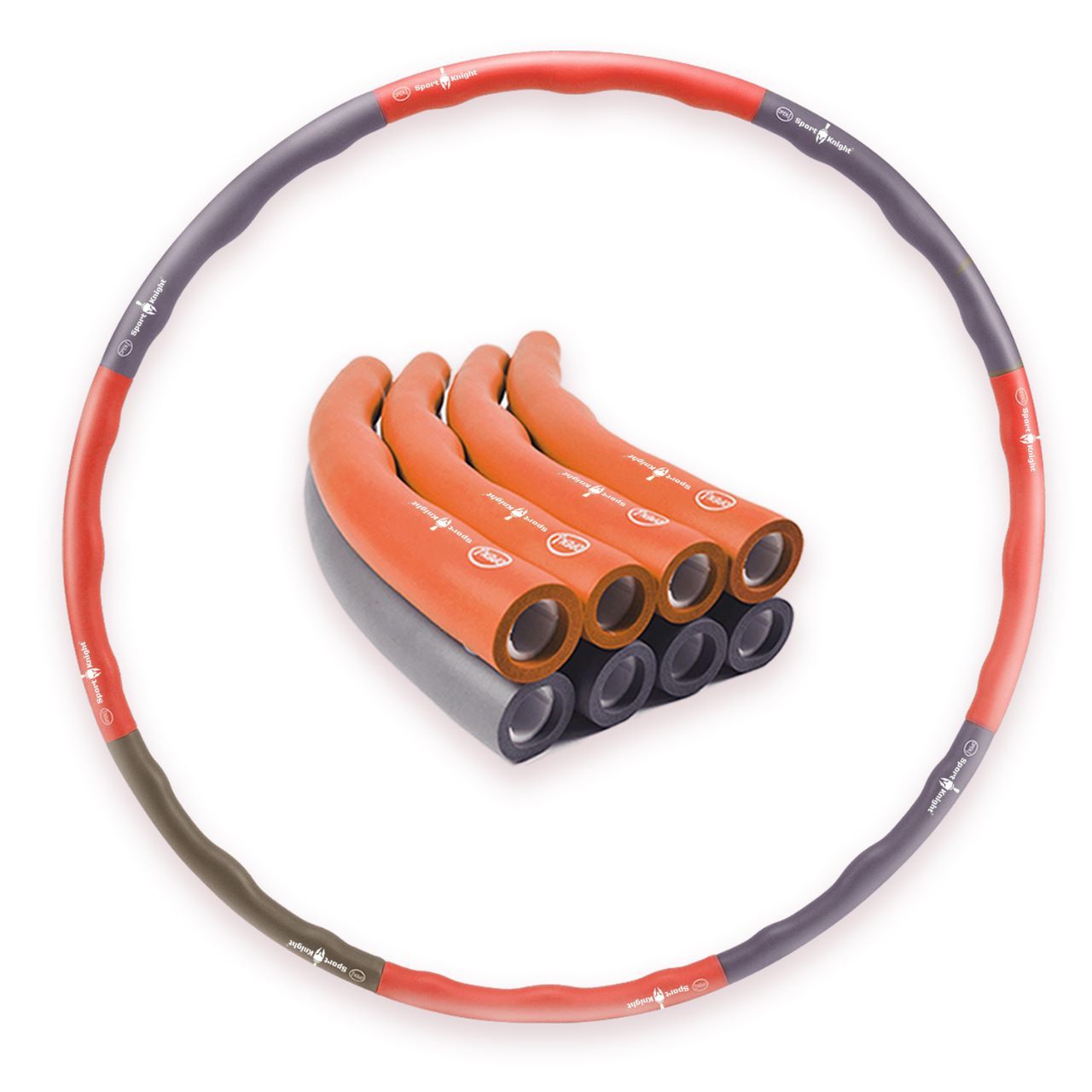 Hula Hoop Reifen, orangefarben, zerlegt in Einzelteile. Mehrere Segmente liegen zusammen. Der Reifen ist mehrfarbig.