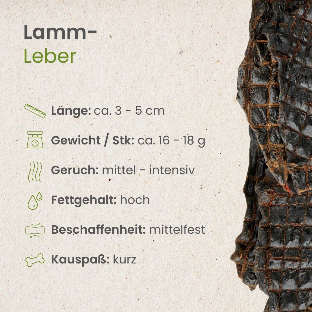 Lamm-Leber, ca. 3-5 cm lang, 16-18 g schwer. Mittel-intensiver Geruch, hoher Fettgehalt, mittelfeste Beschaffenheit.