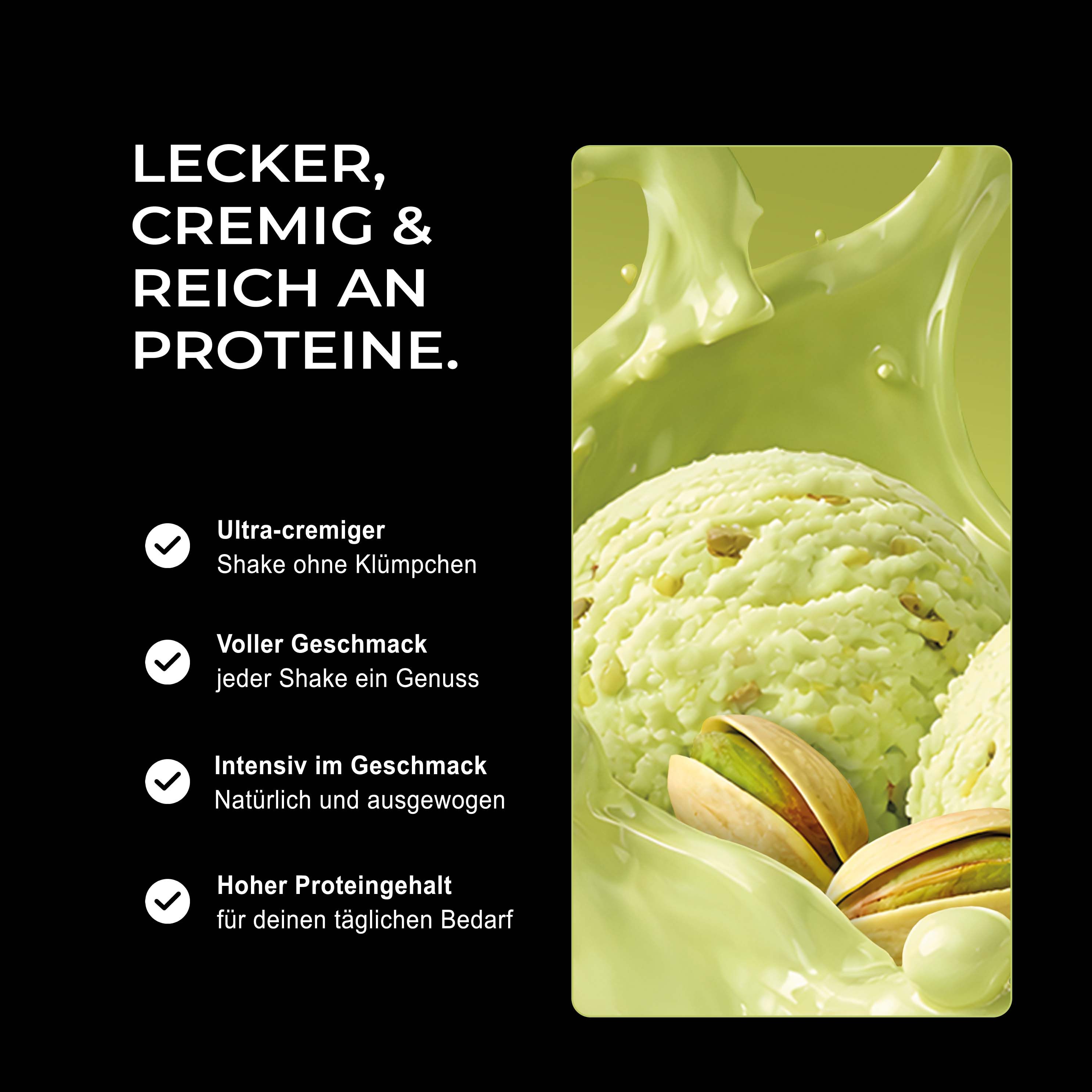 Neosupps Vision Whey Protein, Pistazie. Nahaufnahme von cremiger Pistazienmasse mit ganzen Pistazien. Reich an Proteinen.