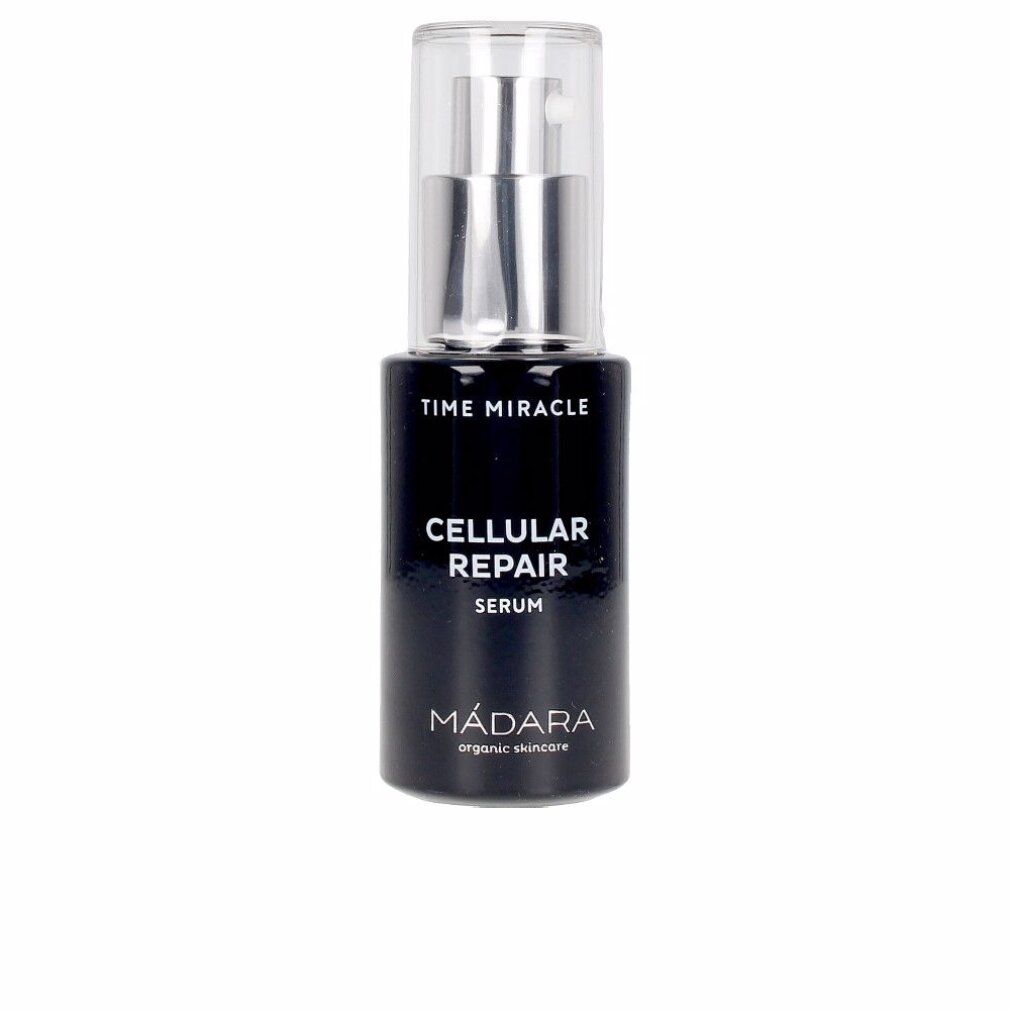 Schwarze Flasche mit silbernem Pumpkopf. Aufschrift: Time Miracle Cellular Repair Serum. MÁDARA.