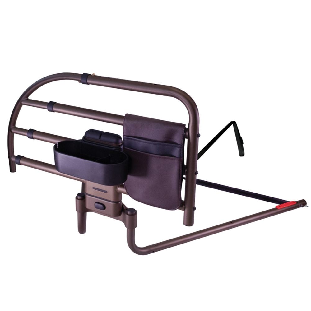 Braune Metall-Bettgalerie mit integriertem Organizer und Halterung.