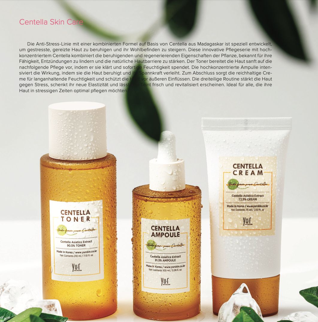 Drei Produkte. Goldfarbene Flasche, Ampulle und Creme. Etiketten mit Text: Centella Toner, Centella Ampoule, Centella Cream. Yu.r Logo.