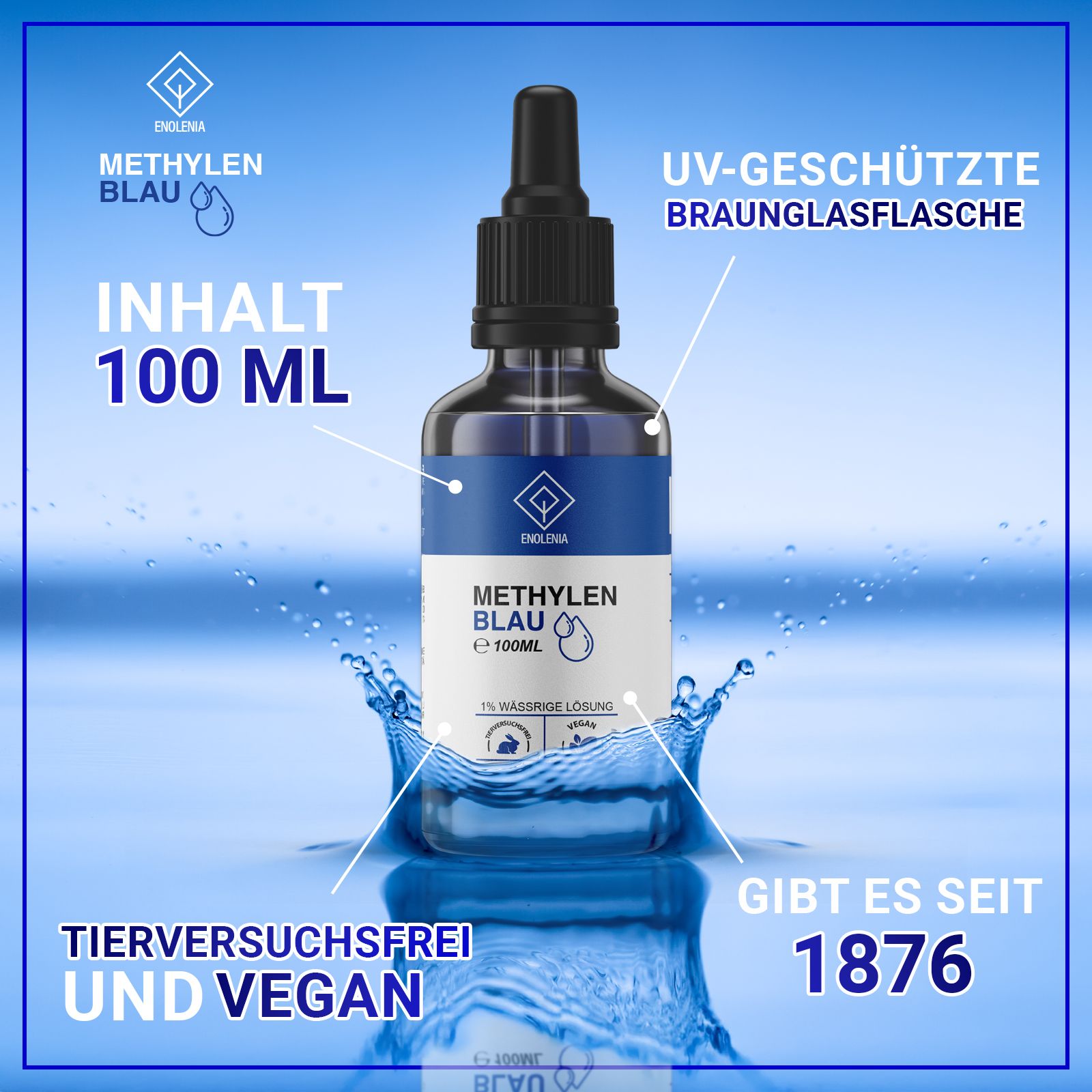 Braunglasflasche mit schwarzem Verschluss. Blaues Etikett mit Produktbezeichnung. Zusätzliche Informationen und Grafiken.