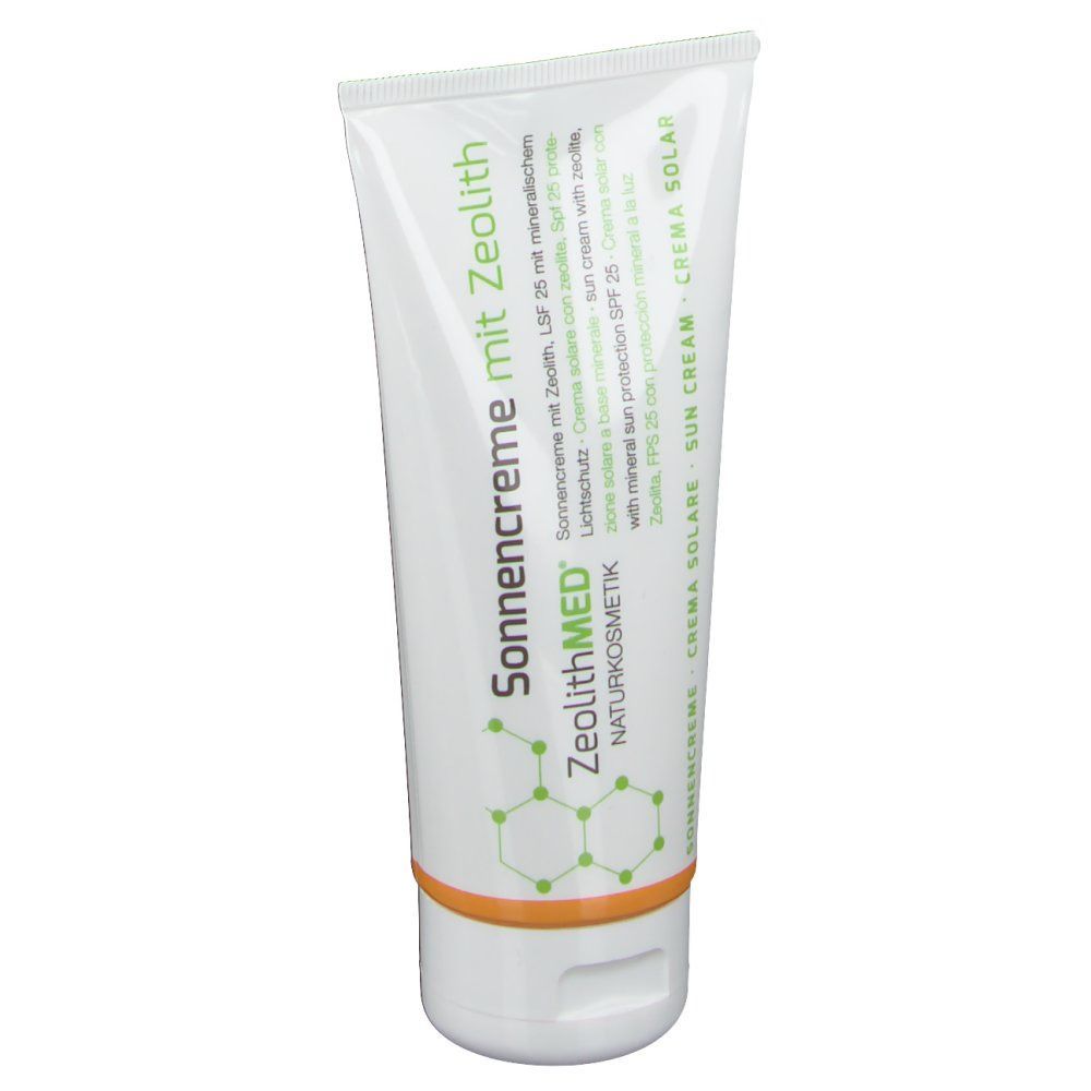 ZeolithMED Sonnencreme SPF 25 Tube. Weiß, grüne und orangefarbene Akzente. Text: Sonnencreme mit Zeolith, LSF 25.