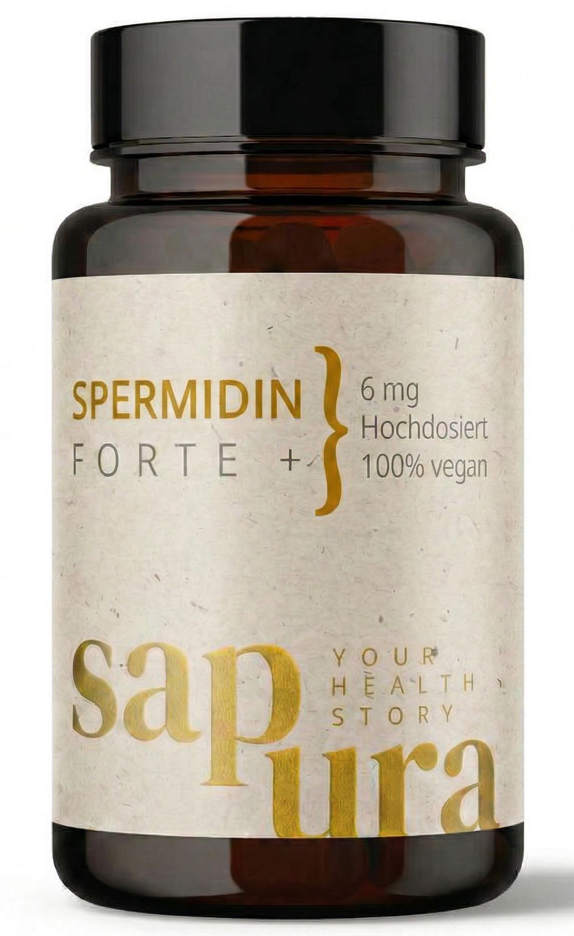 Braune Glasflasche mit Spermidin Kapseln. Aufschrift: Spermidin Forte +, 6 mg, 100% vegan. SAPURA Logo. Weißes Etikett.
