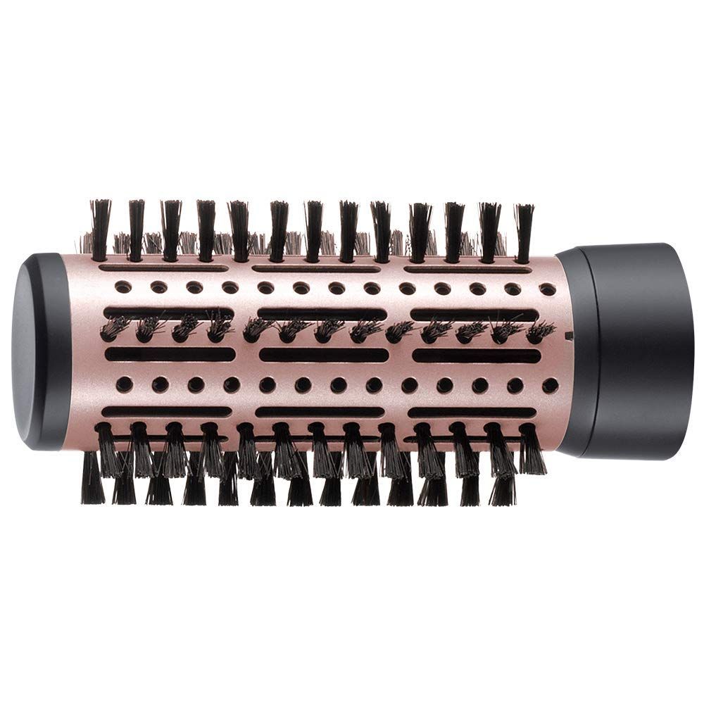 Bürstenaufsatz für Haarstyler. Rosafarbene Bürste mit schwarzen Borsten. Zylindrische Form.