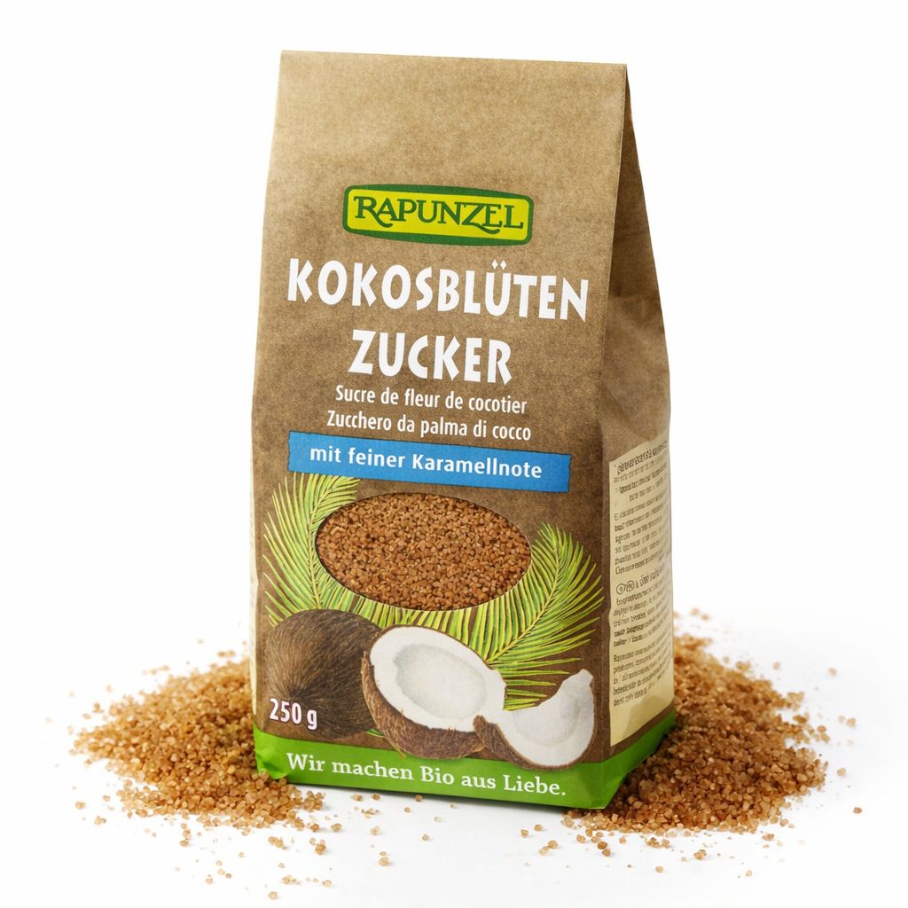 Rapunzel Kokosblütenzucker 250g, umgeben von Zucker, mit Kokosnuss-Abbildung.