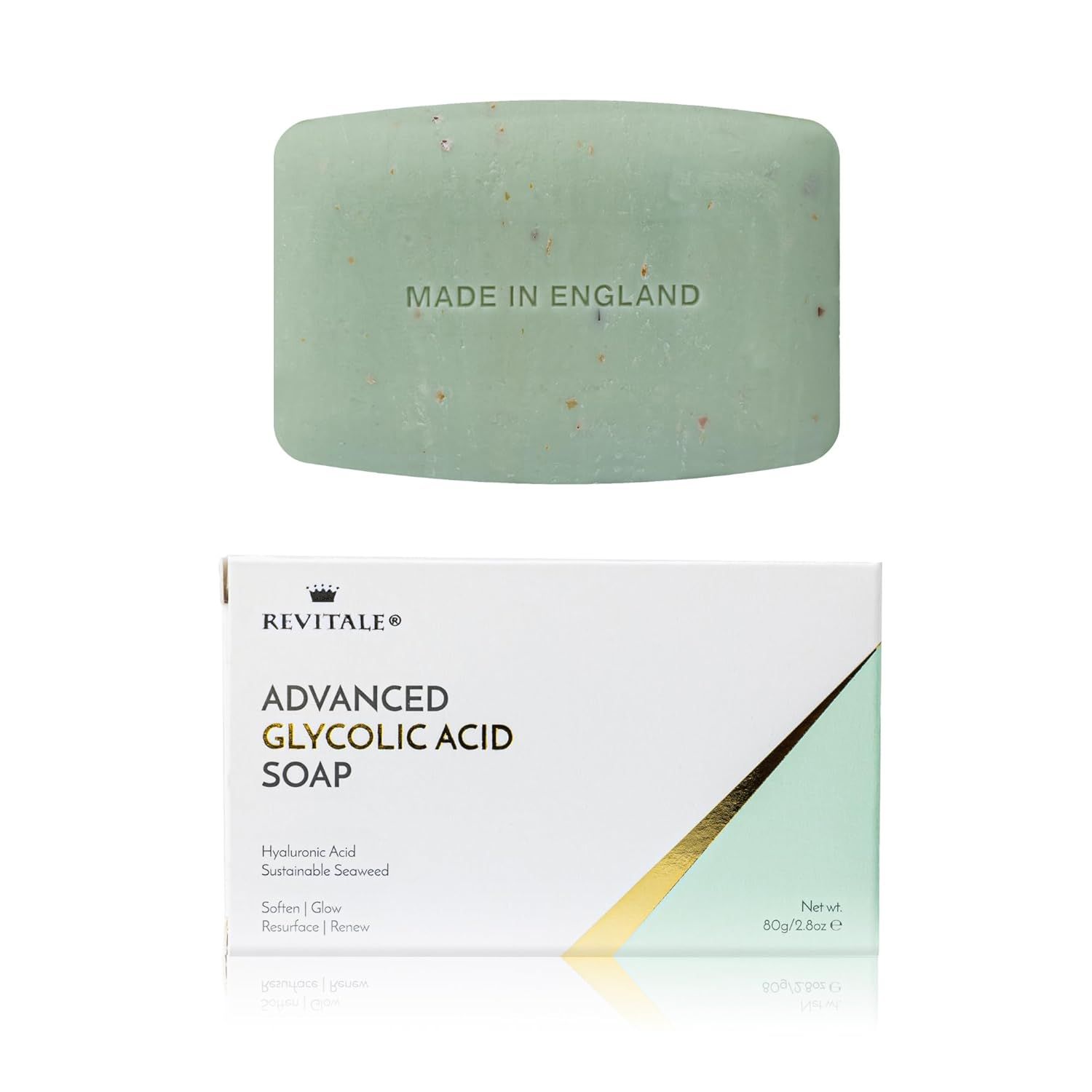 Grünes Seifenstück mit Aufdruck "MADE IN ENGLAND" und Verpackung mit Produktnamen "ADVANCED GLYCOLIC ACID SOAP".