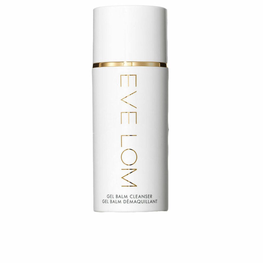 Weißer zylindrischer Behälter mit goldfarbenen Akzenten. Aufschrift: EVE LOM, GEL BALM CLEANSER, GEL BAUME DÉMAQUILLANT.