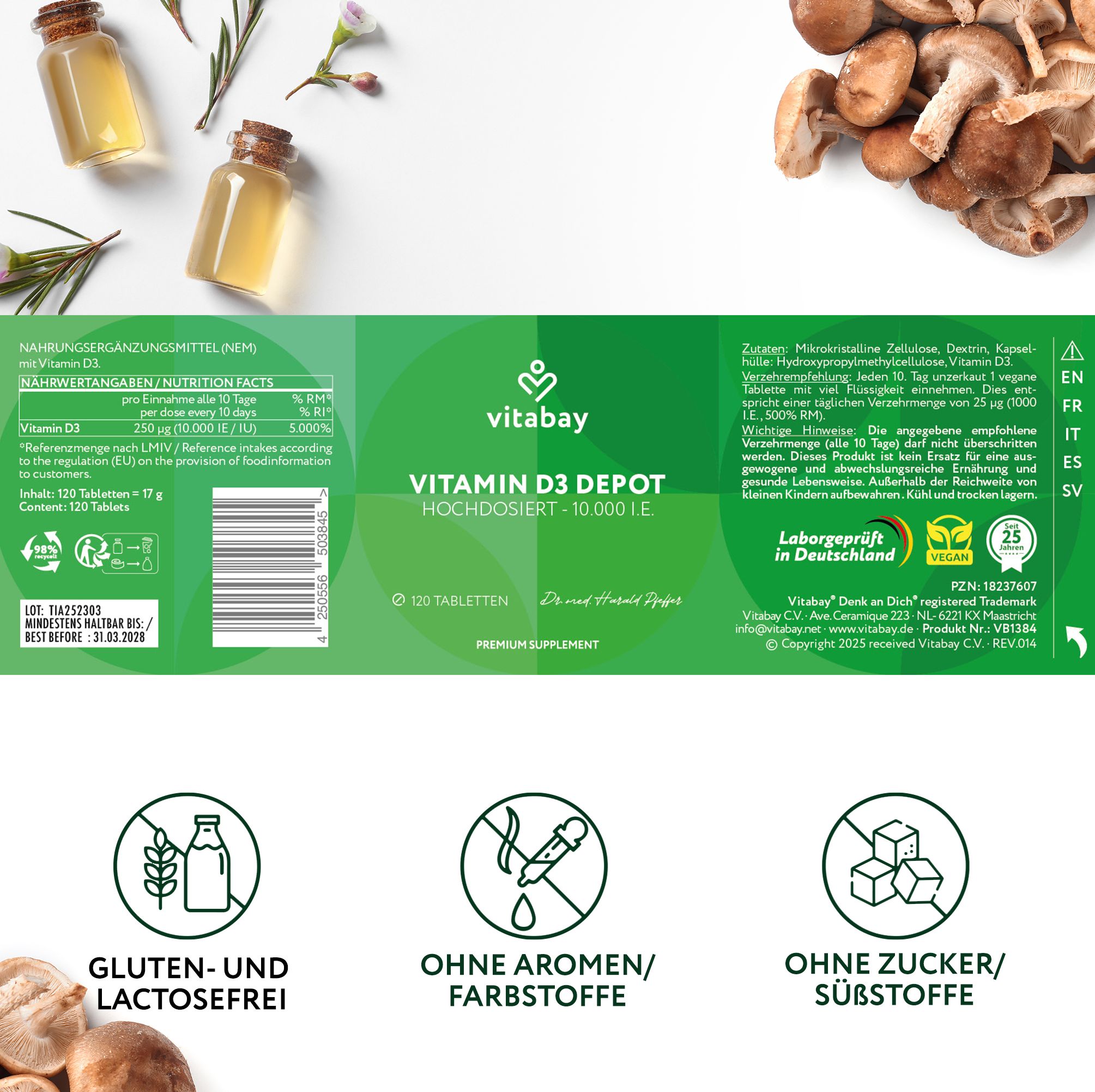 Produktetikett mit Informationen. Aufschrift: Vitamin D3 Depot 10.000 I.E. 120 Tabletten. Gluten- und lactosefrei. Ohne Aromen/Farbstoffe. Ohne Zucker/Süßstoffe.