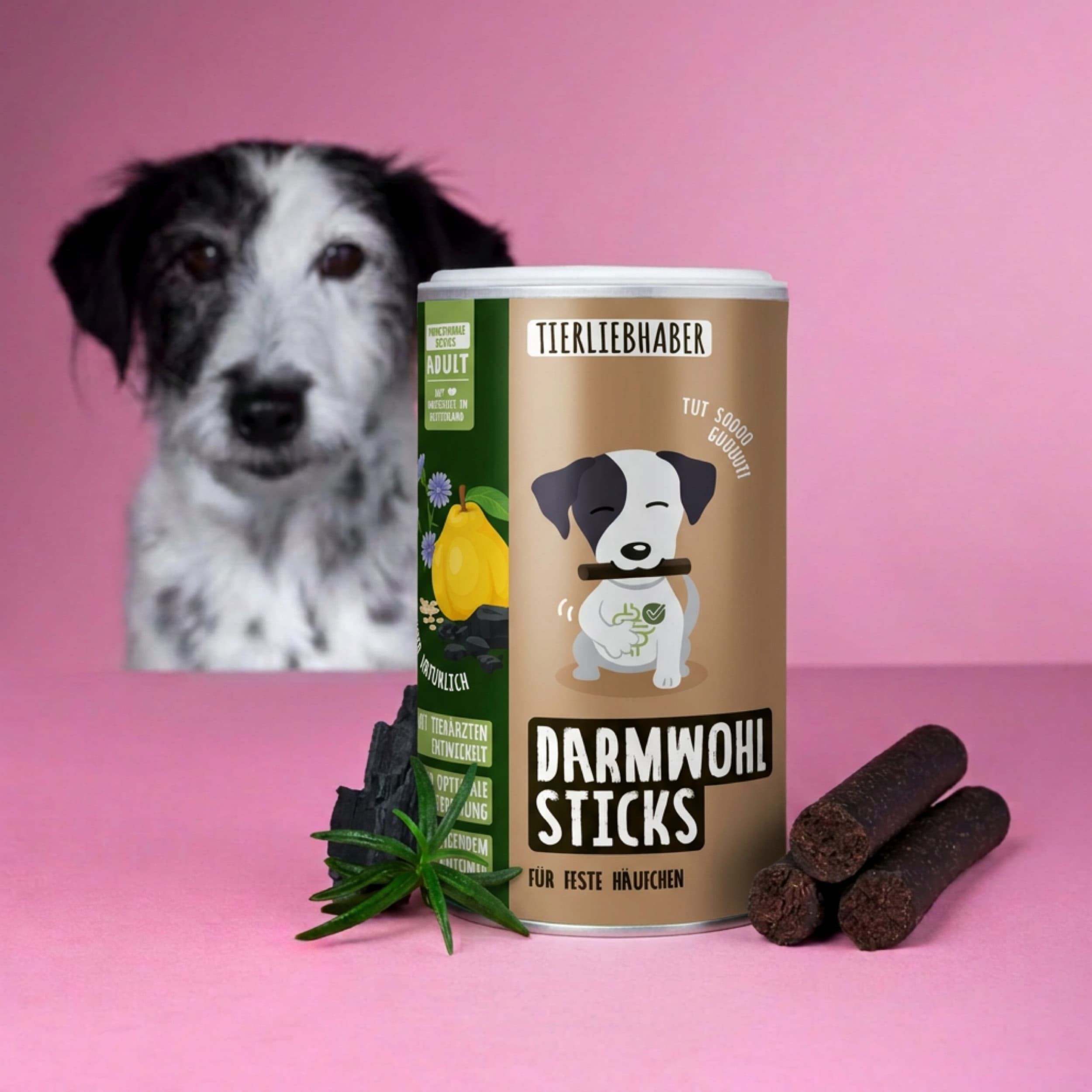 Dose mit Darmwohl Sticks, Hund und Zutaten auf pinkem Hintergrund. Aufschrift: Tierliebhaber, Darmwohl Sticks.