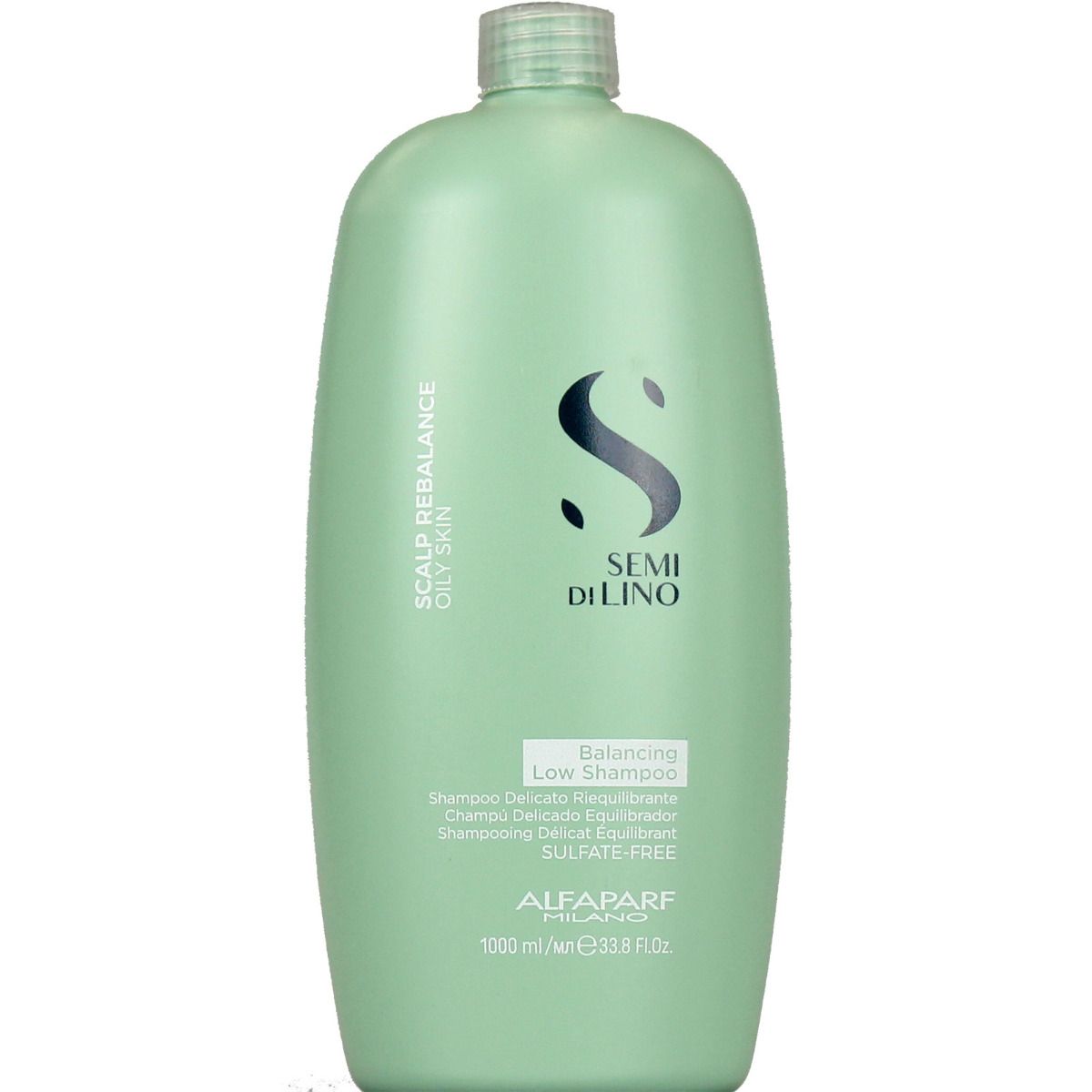 Große helle mintgrüne Flasche. Semi Di Lino Balancing Low Shampoo, 1000 ml.