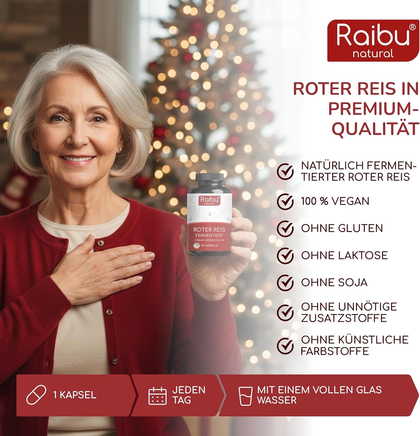 Ältere Frau hält eine Flasche. Text: Roter Reis in Premium-Qualität. Vegan, glutenfrei, laktosefrei, sojafrei, ohne Zusatzstoffe.