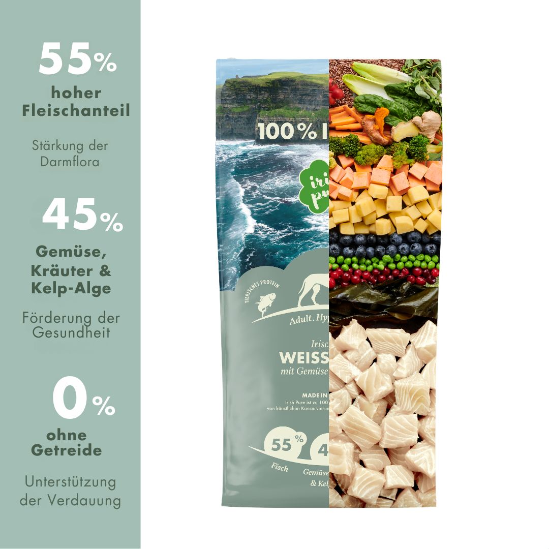 Hundefutter-Beutel mit Weißfisch, 100% Irland, Laborgeprüfte Qualität, 100% natürliche Inhaltsstoffe, Frischegarantie mit Zip-Verschluss.