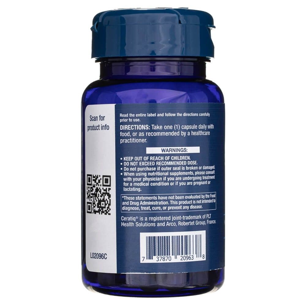 Rückseite der Life Extension Hautregenerierende Ceramide Flasche mit Anweisungen und Warnhinweisen.