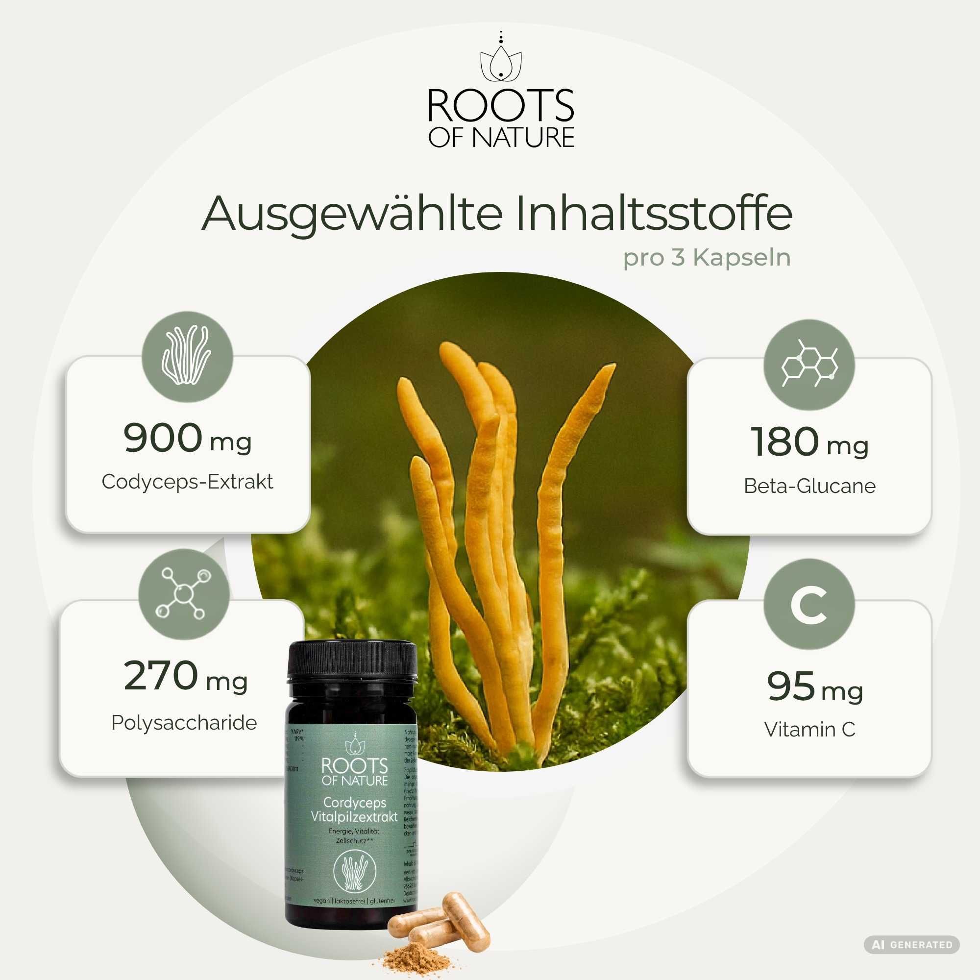 Flasche Cordyceps Vitalpilzextrakt mit Darstellung von Cordyceps-Pilzen und Nährwertangaben pro 3 Kapseln.