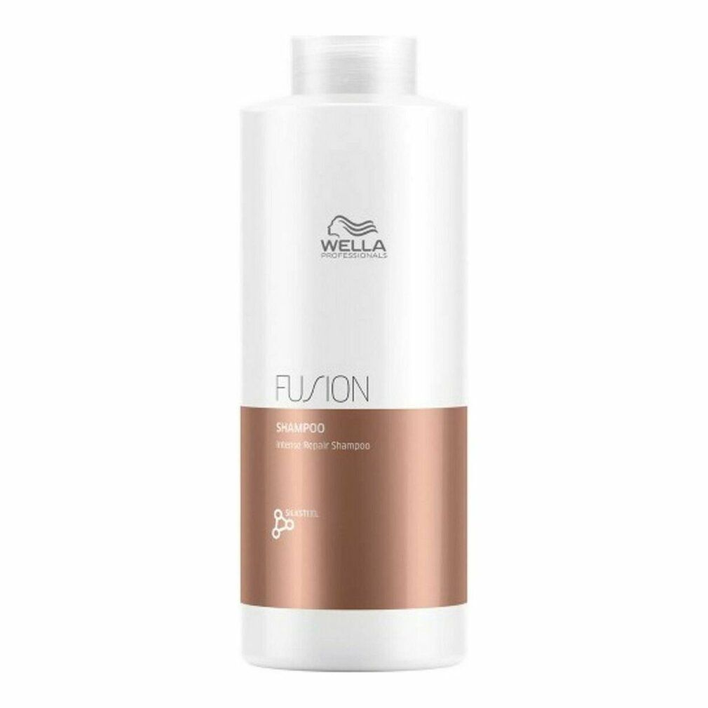 Weiße Shampoo-Flasche mit braunem Abschnitt. Aufschrift: FUSION, Shampoo, Intense Repair Shampoo. Wella-Logo.