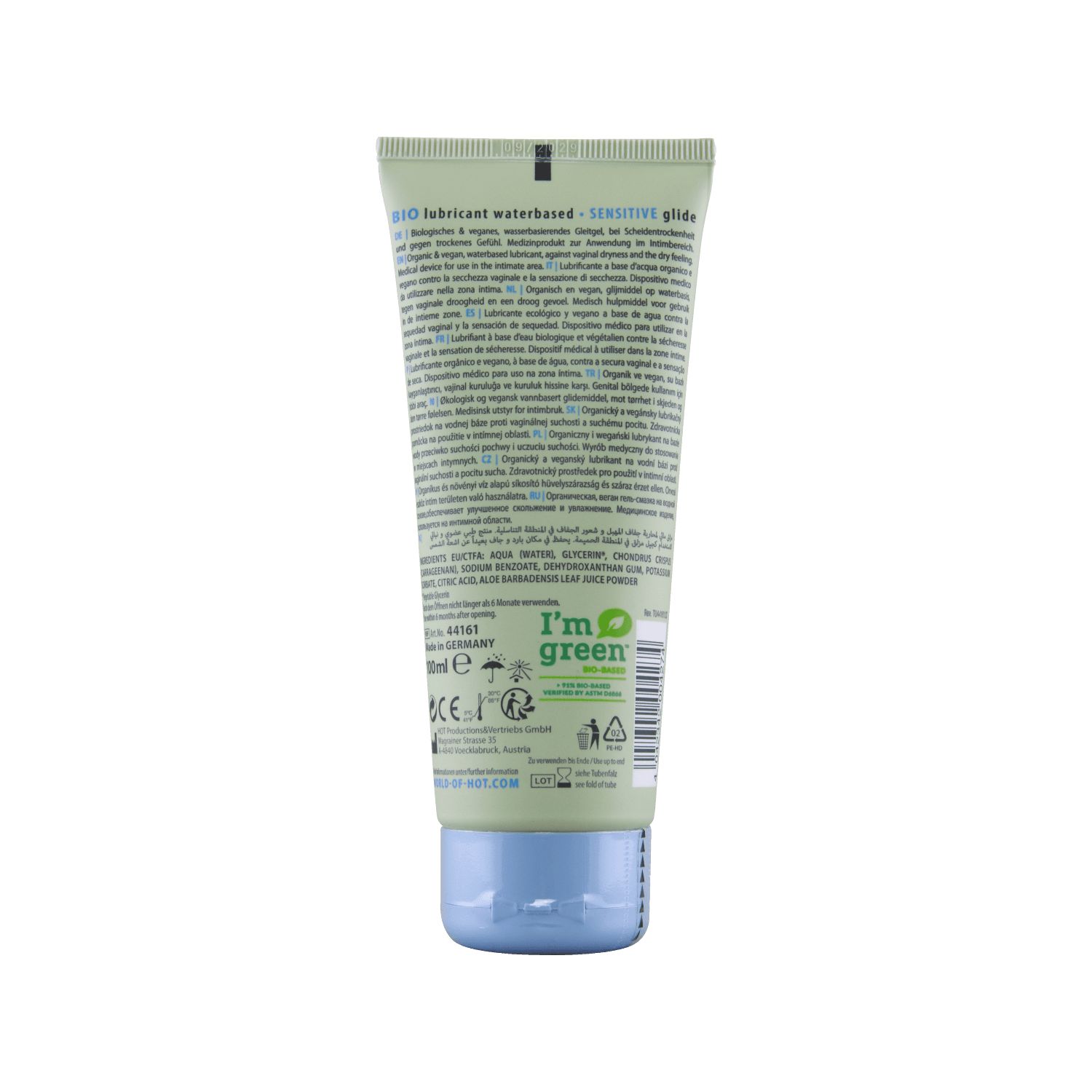 Tube mit Produktinformationen. Grün-blauer Farbverlauf. Text: BIO Lubricant SENSITIVE, i'm green, Inhaltsstoffe, Zertifizierungen.