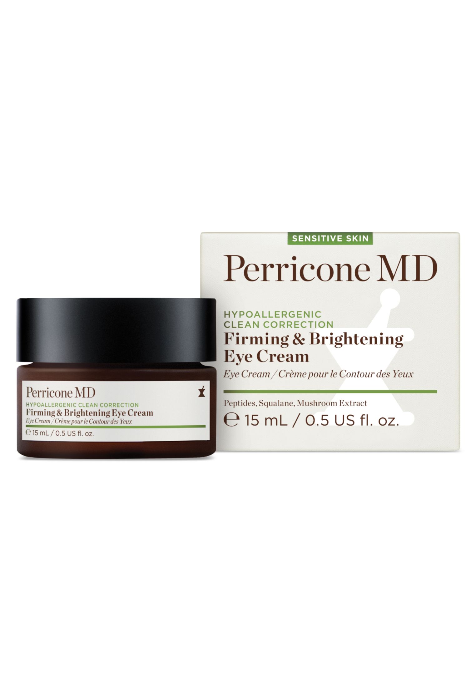 Braune Creme-Dose und Verpackung. Aufschrift: Perricone MD, Firming & Brightening Eye Cream. Enthält 15 ml.