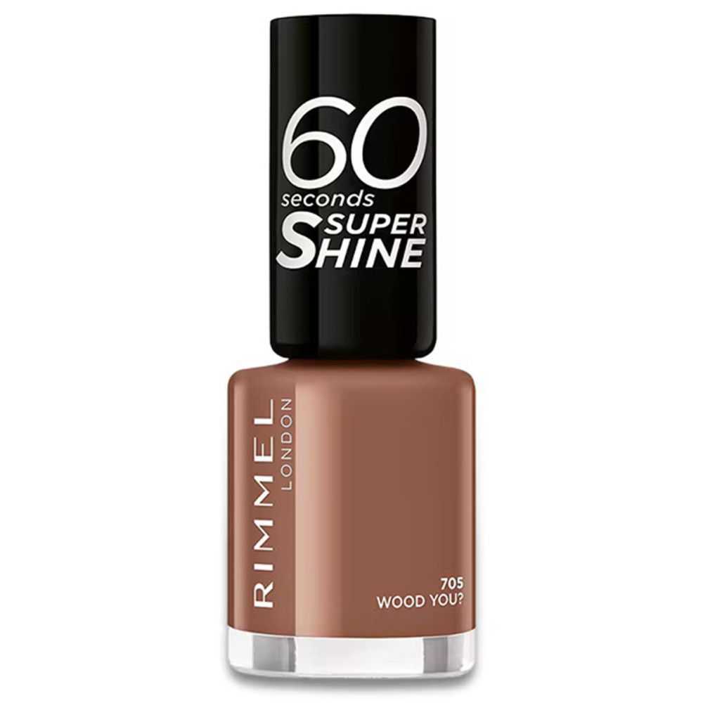 Nagellackflasche, braune Farbe. Schwarzer Deckel mit weißem "60 seconds Super Shine"-Schriftzug. "Rimmel London"-Logo.