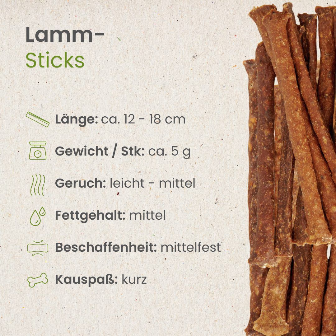 Lamm-Sticks mit detaillierten Produktinformationen.
