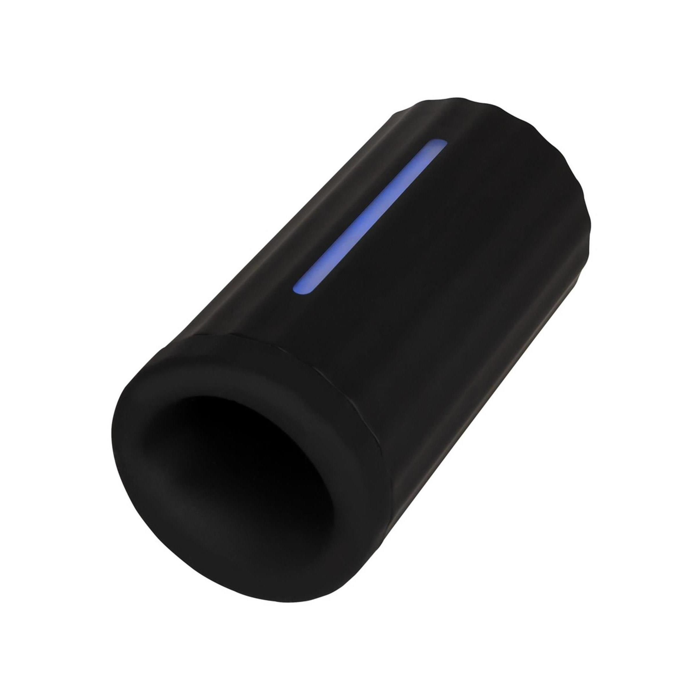 Schwarzes, zylindrisches Produkt mit blau leuchtendem Streifen. Abgerundete Form.
