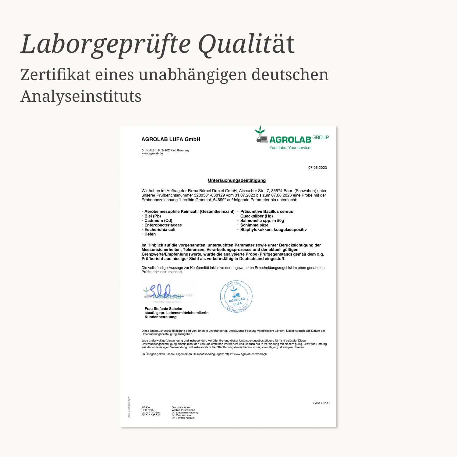 Zertifikat eines unabhängigen deutschen Analyseinstituts. Text und Stempel.