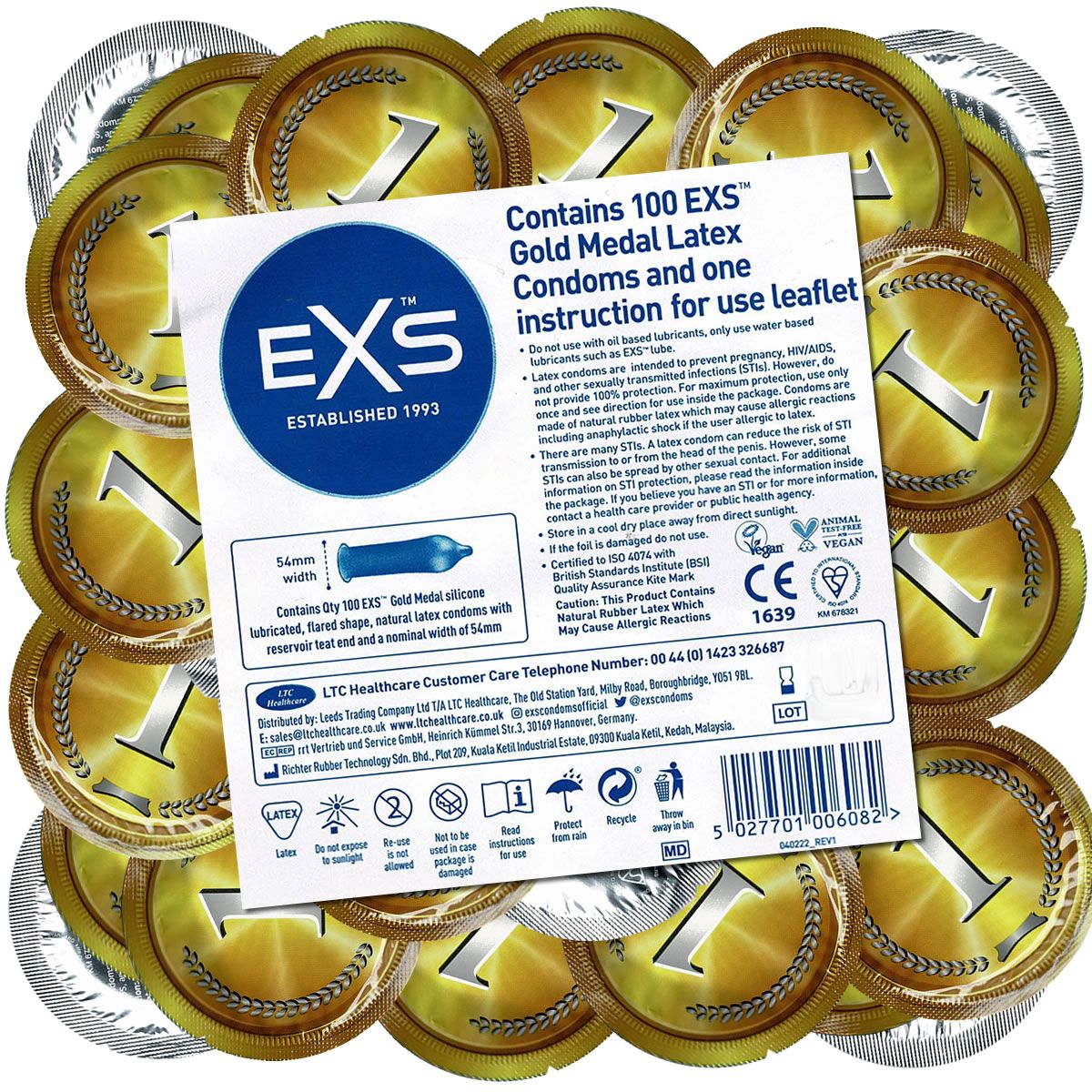 Paquet de préservatifs EXS Gold Medal, 100 unités. Notice d'utilisation incluse. Marquage CE.