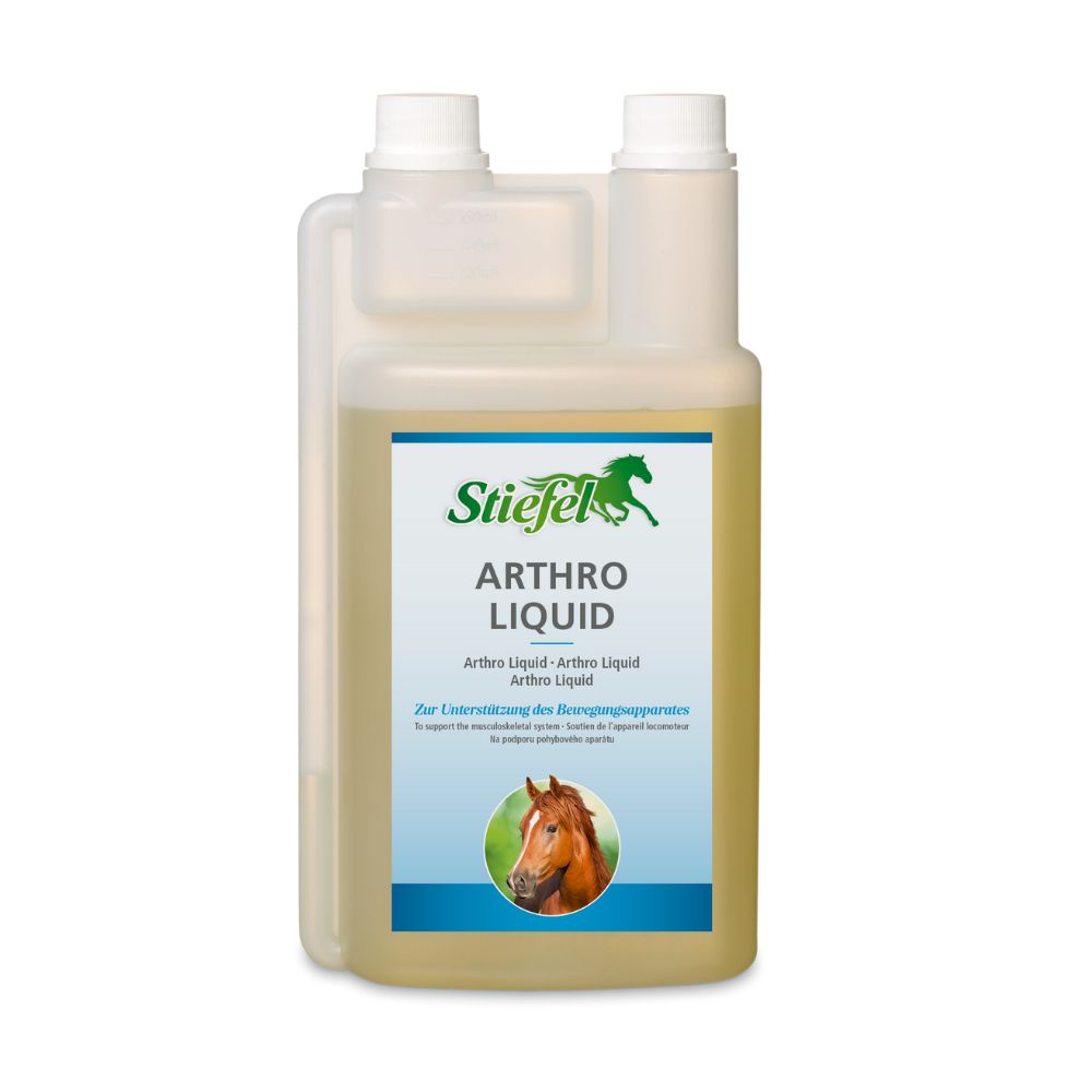 Flasche mit gelblicher Flüssigkeit. Aufschrift: Stiefel Arthro Liquid. Etikett mit Pferd und Text. Zwei Schraubverschlüsse.