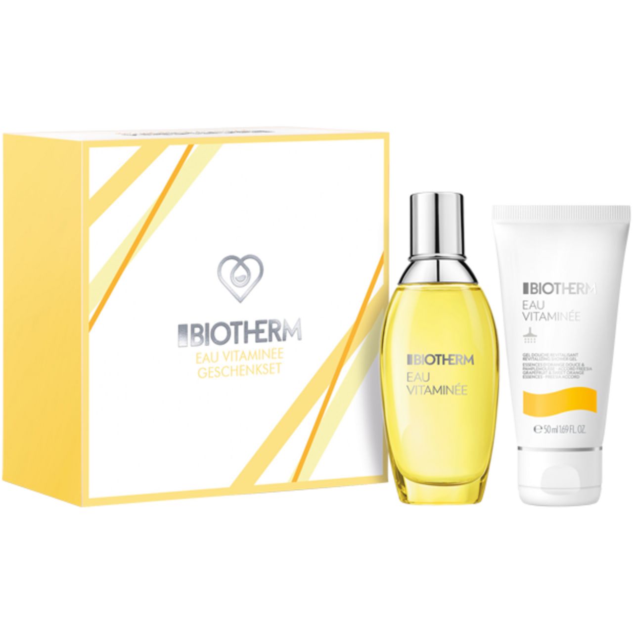 Geschenkset mit Flakon, Tube und Verpackung. Flakon und Tube sind weiß und gelb. Die Verpackung ist weiß und gelb.