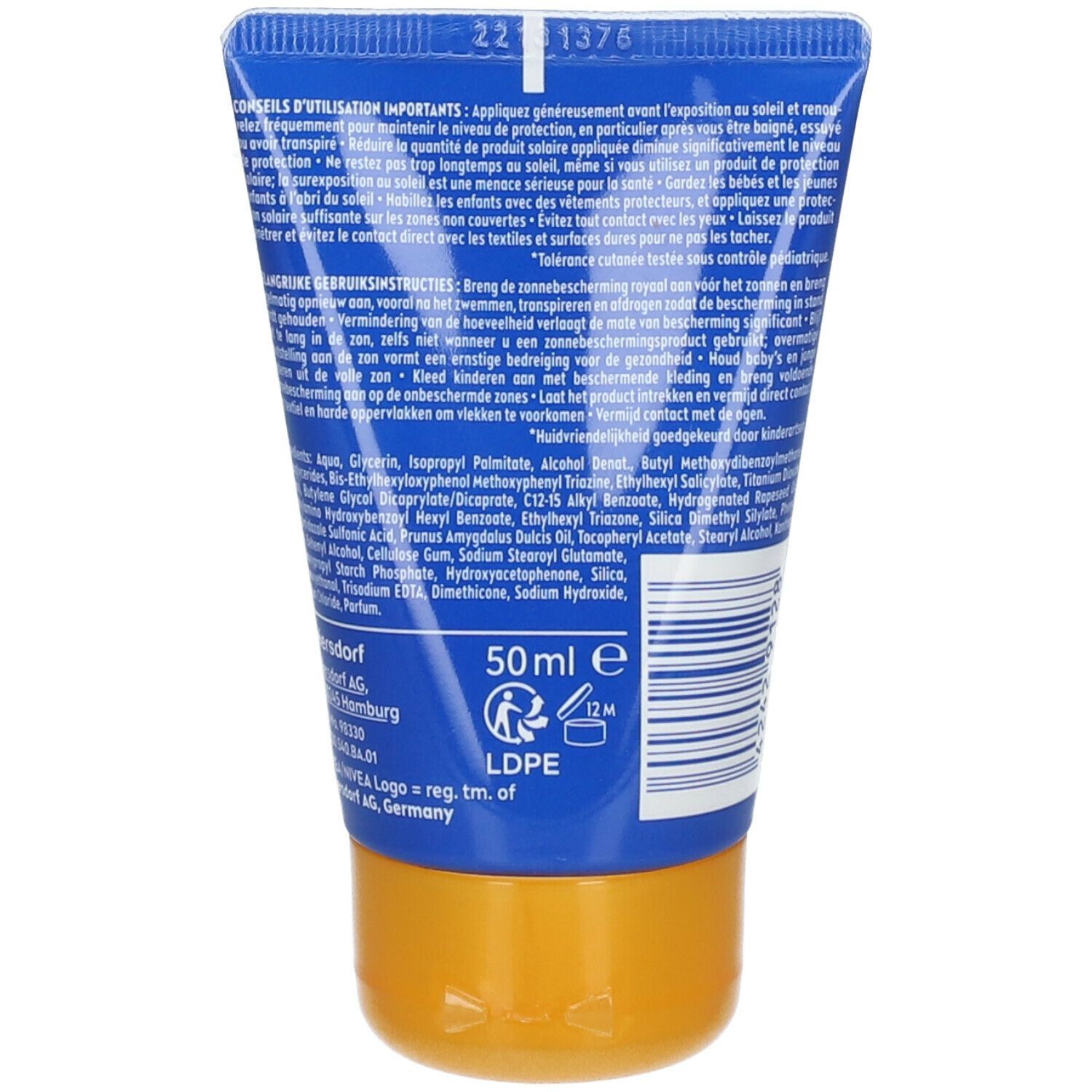 Rückseite der NIVEA Sun Kids To Go Tube. Text: Anwendungshinweise, Inhaltsstoffe, 50ml, Recycling-Symbol.