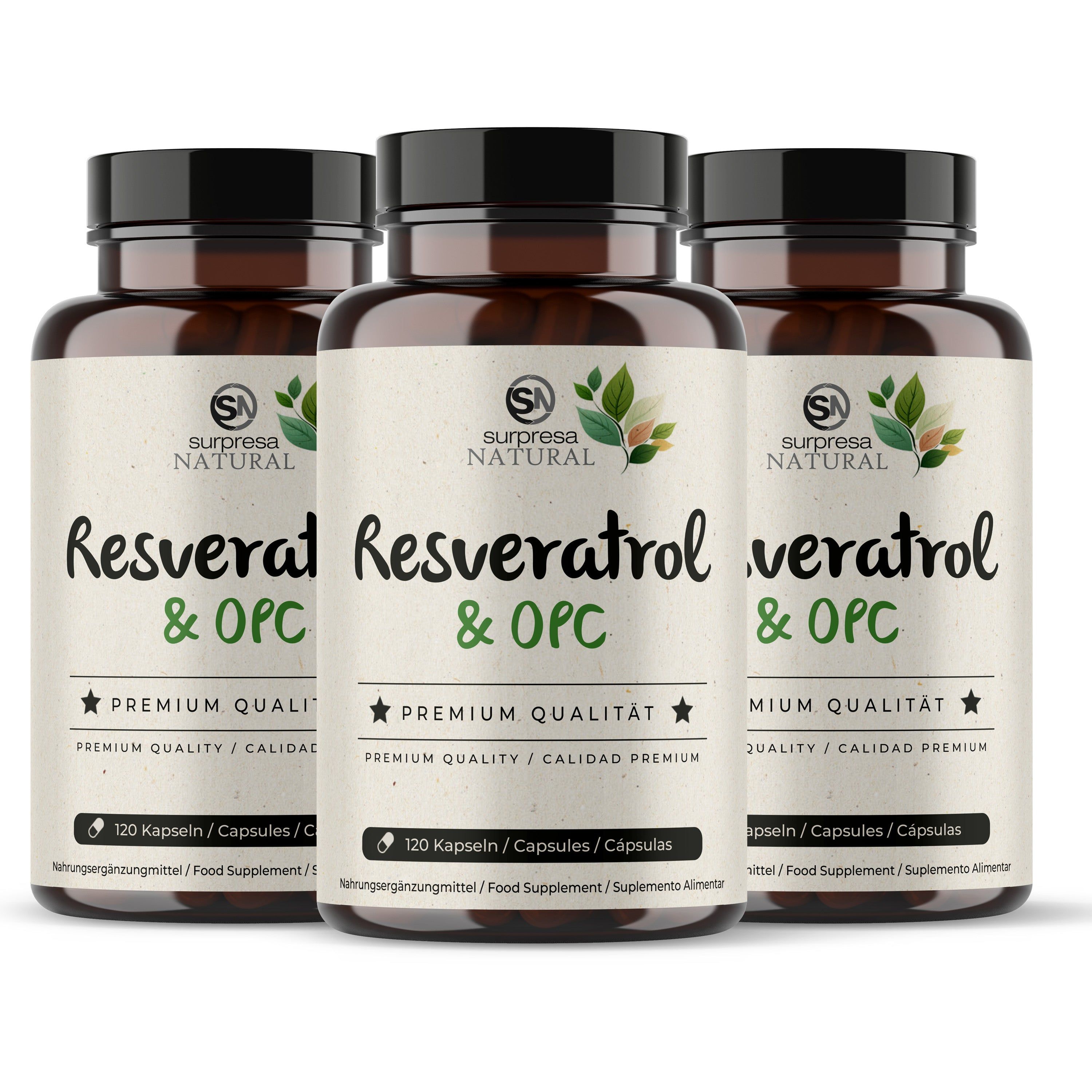 Drei Flaschen Surpresa Natural Resveratrol & OPC Kapseln, jeweils 120 Kapseln.