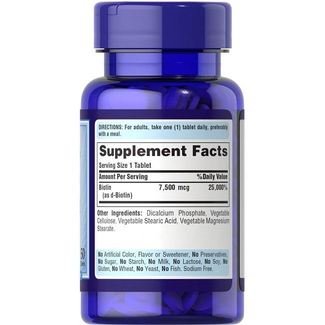 Rückseite der blauen Flasche mit Puritan's Pride Biotin. Nährwertangaben: 7.500 mcg Biotin. 50 Tabletten.
