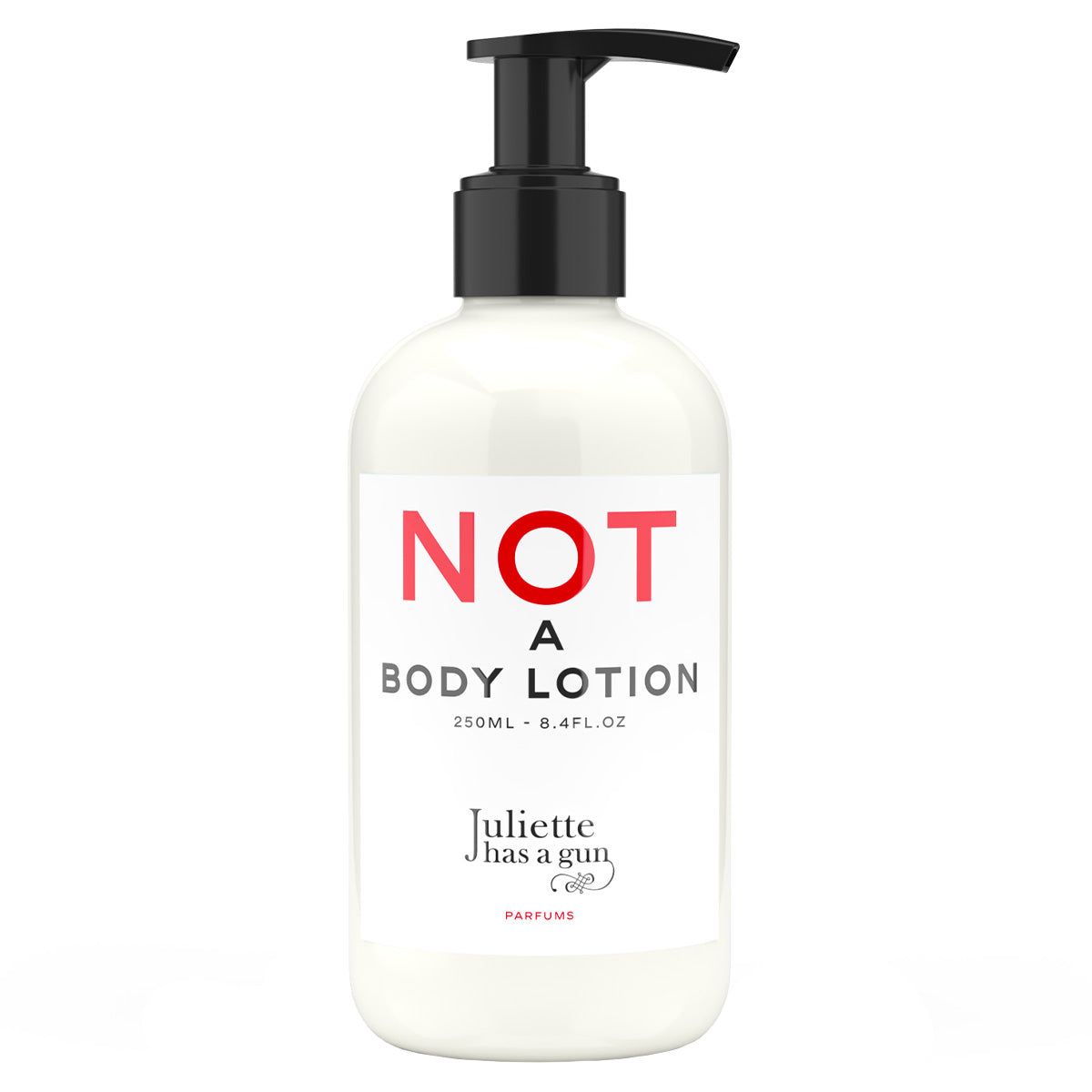 Weiße Flasche mit schwarzem Pumpkopf. Aufschrift "NOT A BODY LOTION". Marke: Juliette has a gun.