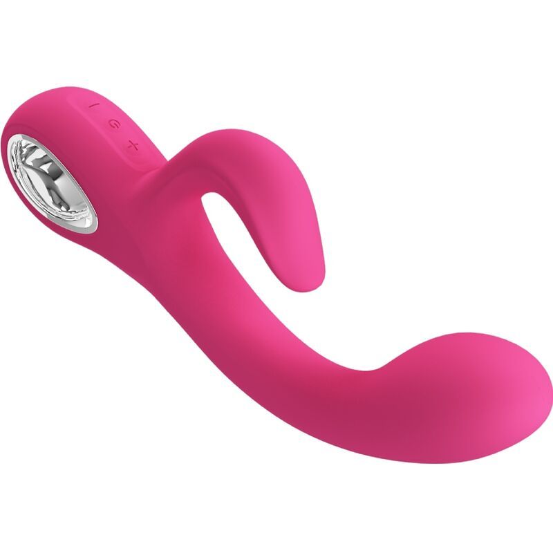 Pinkfarbener Vibrator mit gebogener Form.  Gerades Design mit abgerundeter Spitze und Griff.