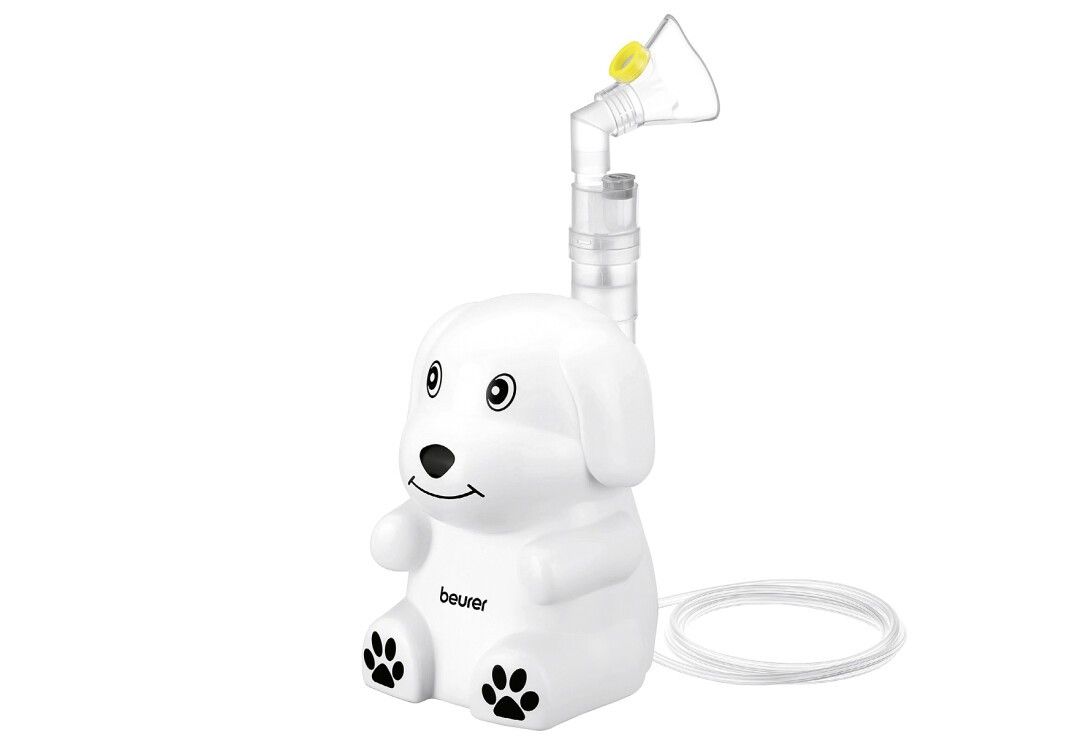 Weißer Inhalator in Hundeform. Gelbe Maske. Schlauch. Text: beurer.