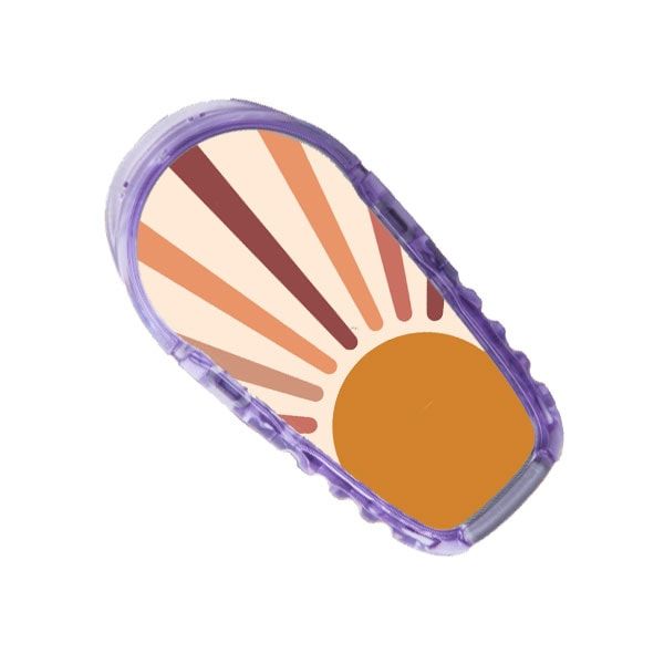 Aufkleber mit Sonnenmotiv. Lila Umrandung. Orangefarbene Sonne, beige und braune Strahlen.